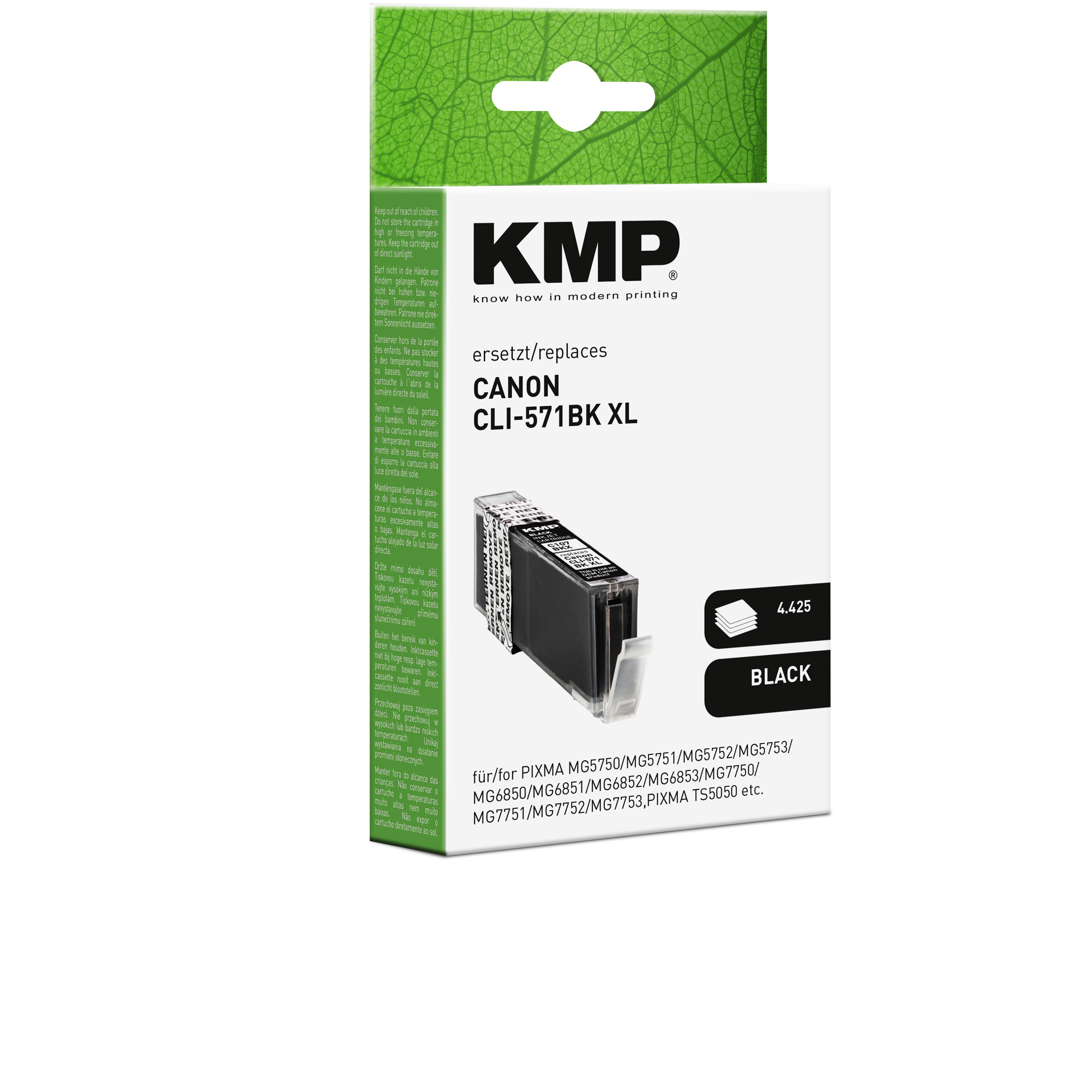 Cartuccia di inchiostro nero KMP per stampante Canon. Confezionata in una scatola con testo.