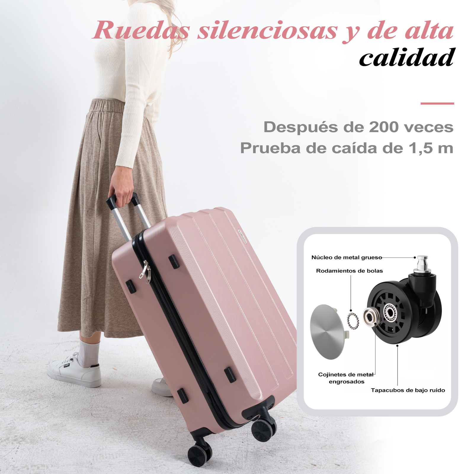Una mujer tira de una maleta rosa. El texto destaca las ruedas silenciosas y la alta calidad. Vista detallada de las ruedas.
