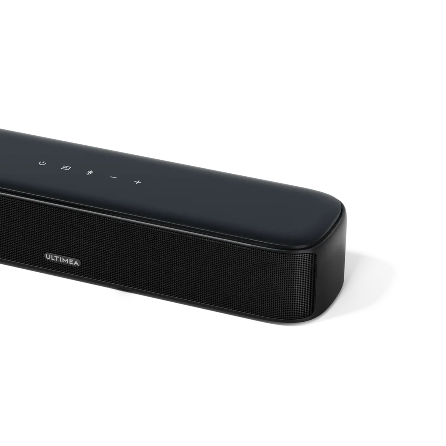 Czarny soundbar z przyciskami na górze. Z przodu napisano 'ULTIMEA'.