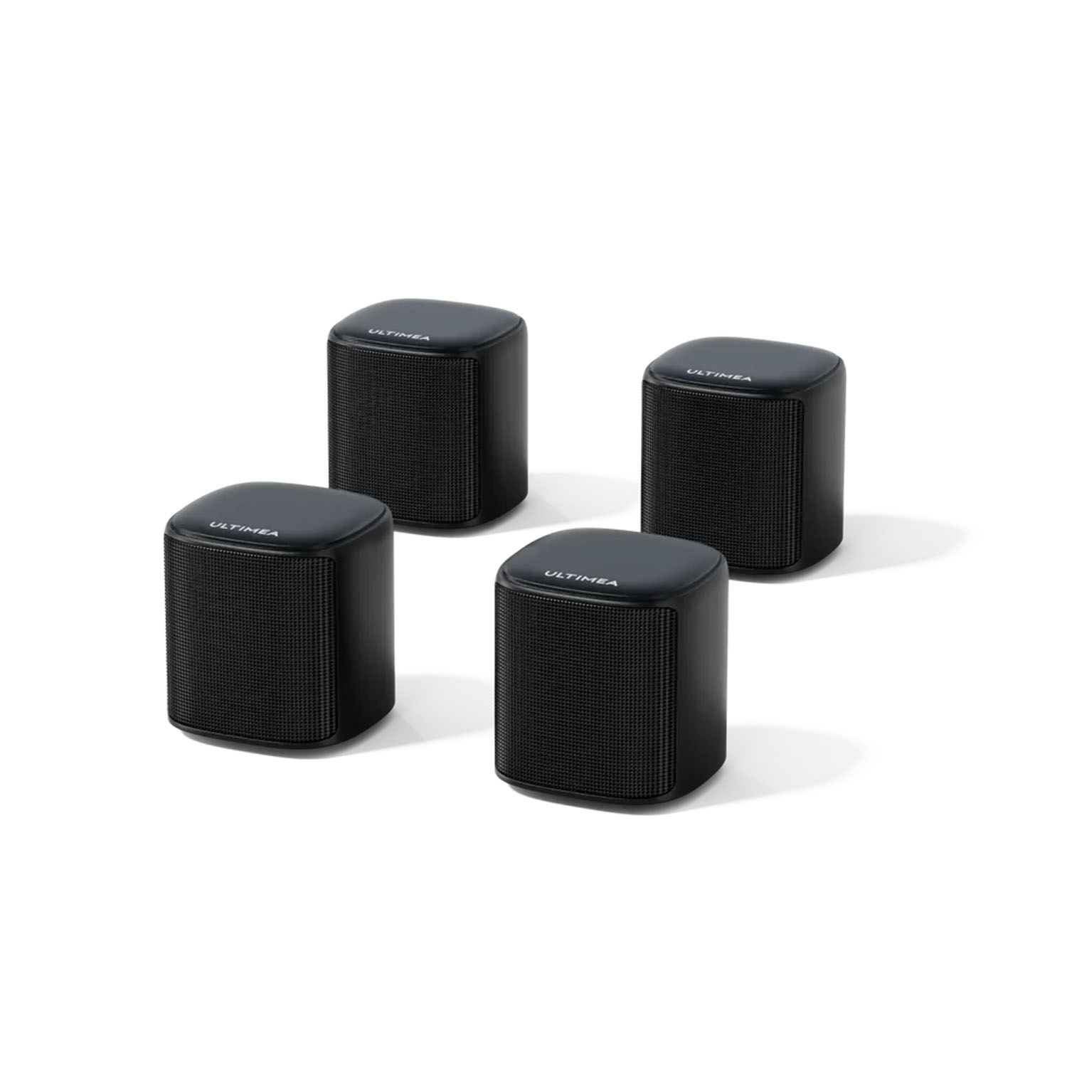 Cztery czarne głośniki na białym tle. Na każdym napis 'ULTIMEA'.