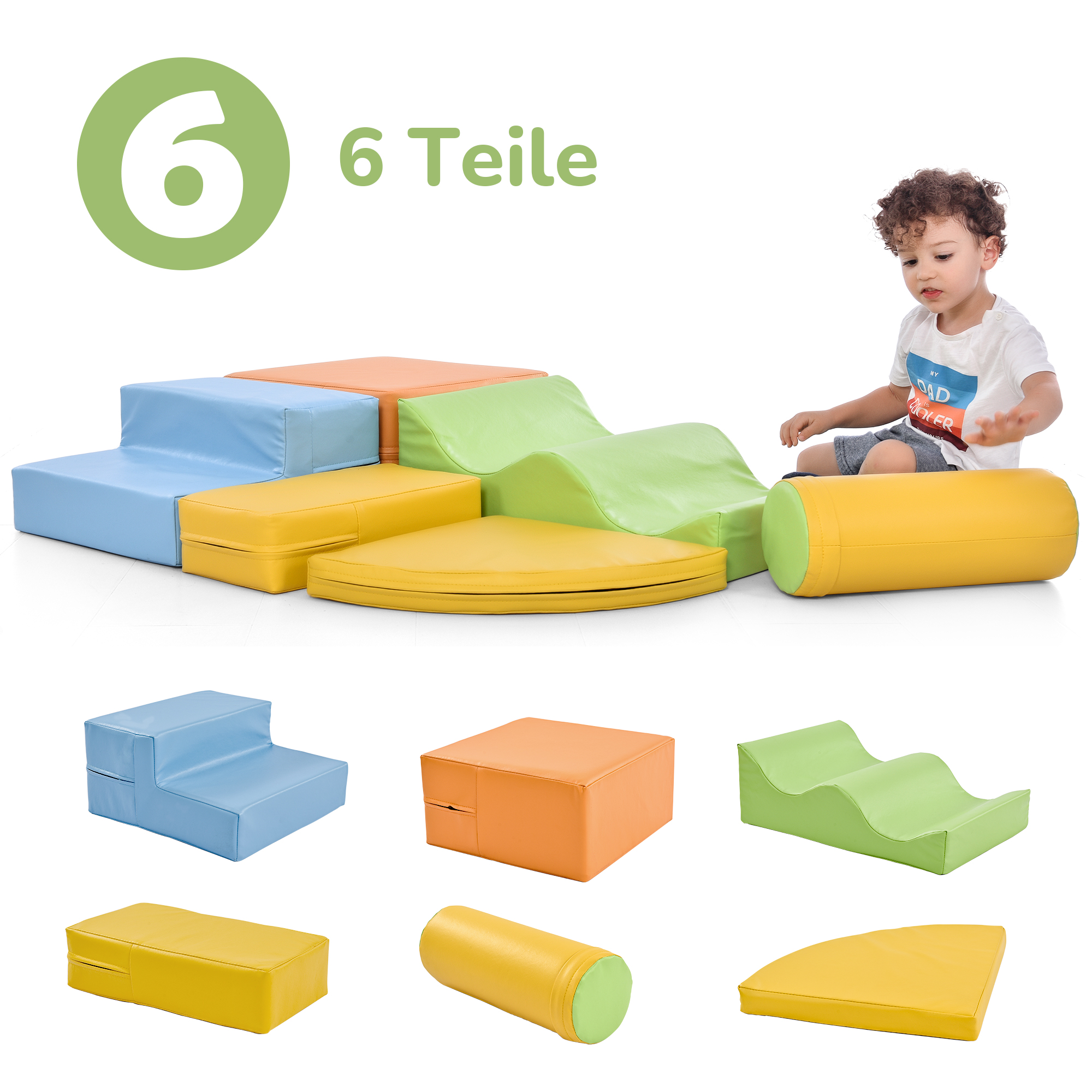 6 Teile farbenfrohes Schaumstoff-Spielset mit einem Kind in der Nähe.
