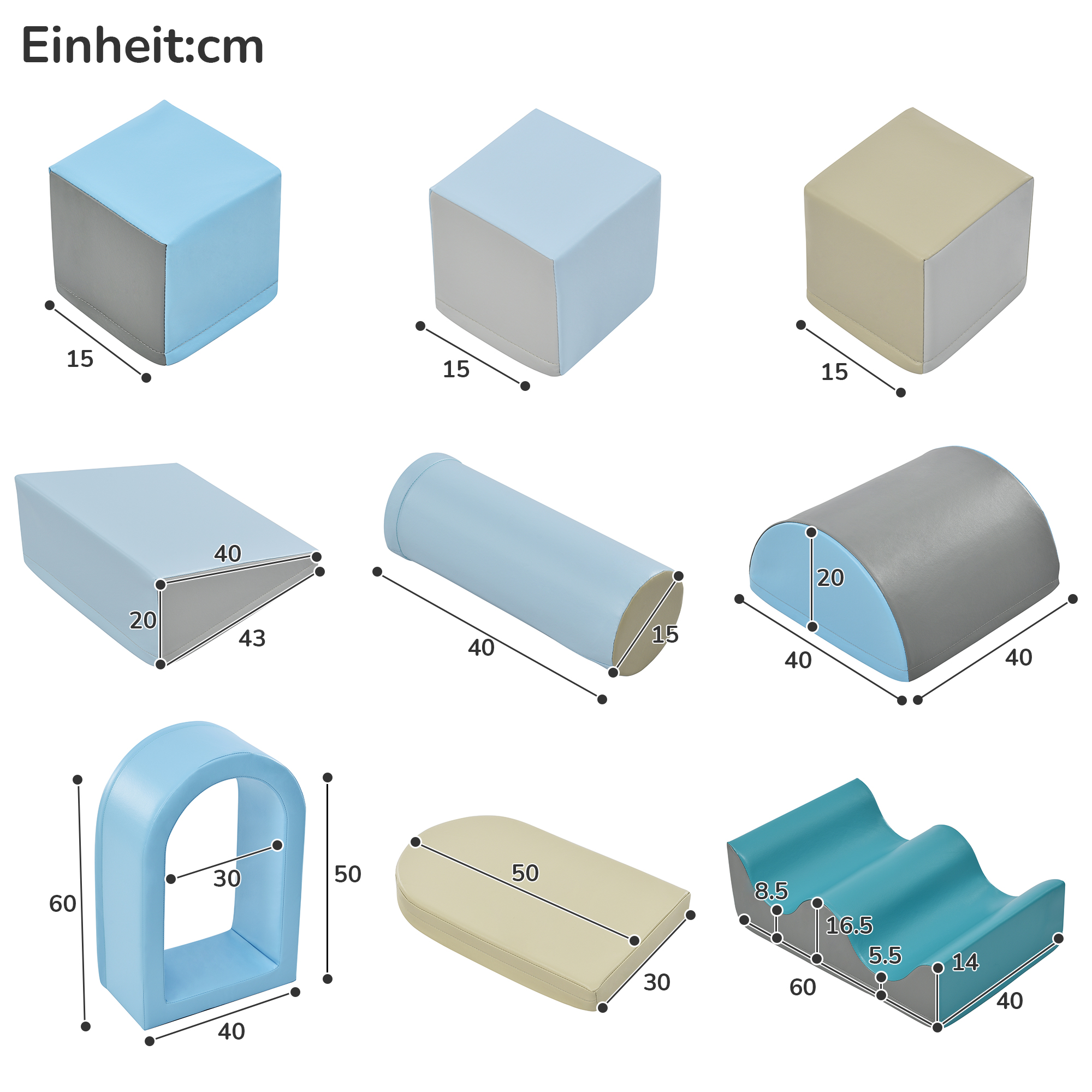 Diagramm von Schaumstoff-Spielformen mit Abmessungen in Zentimetern. Enthält Würfel, Zylinder und bogenförmige Strukturen.