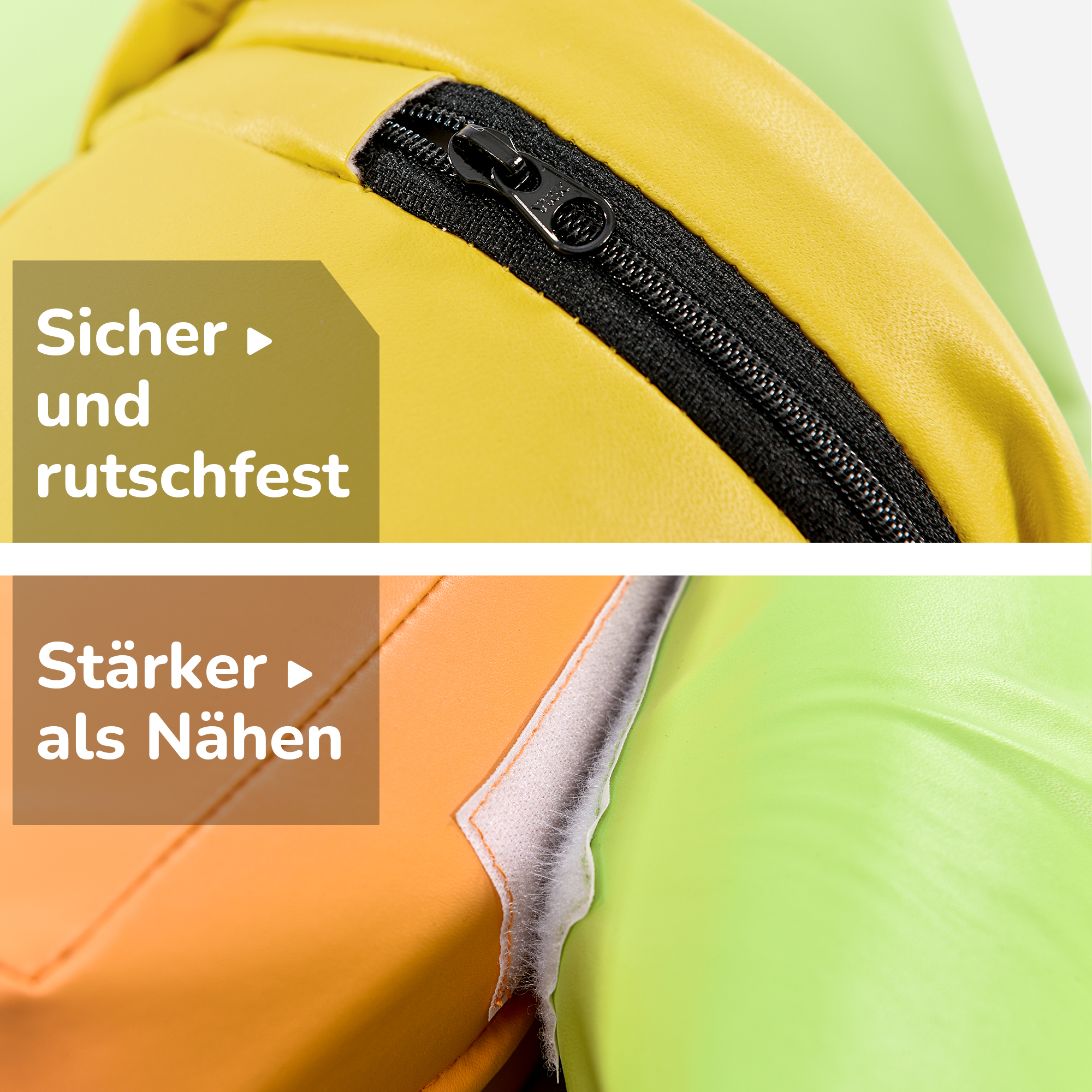 Nahaufnahmen eines gelben Schaumstoffblocks mit schwarzem Reißverschluss und Naht.