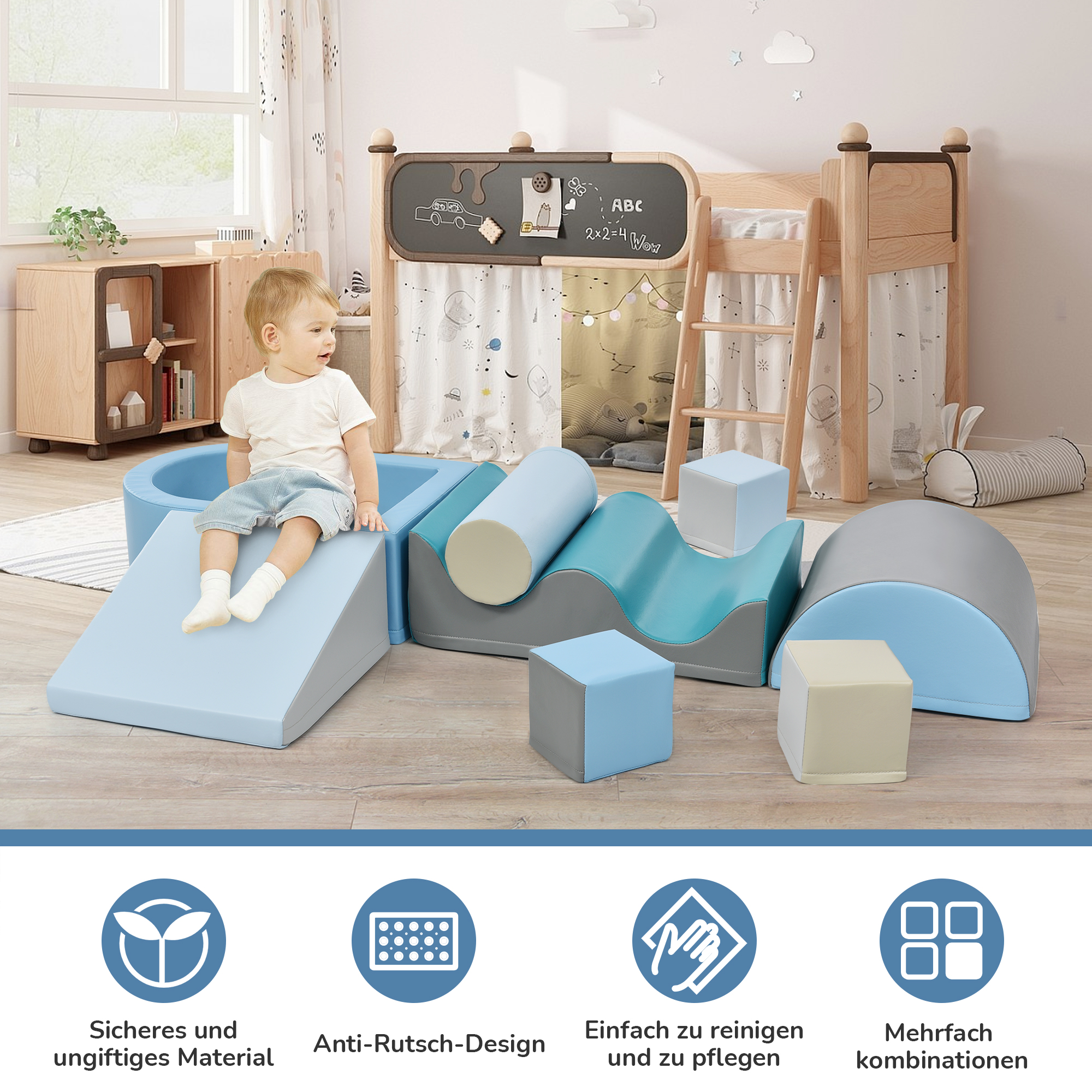 Ein Kind spielt mit einem Schaumstoff-Spielset, mit Sicherheitssymbolen und einem Bett im Hintergrund.