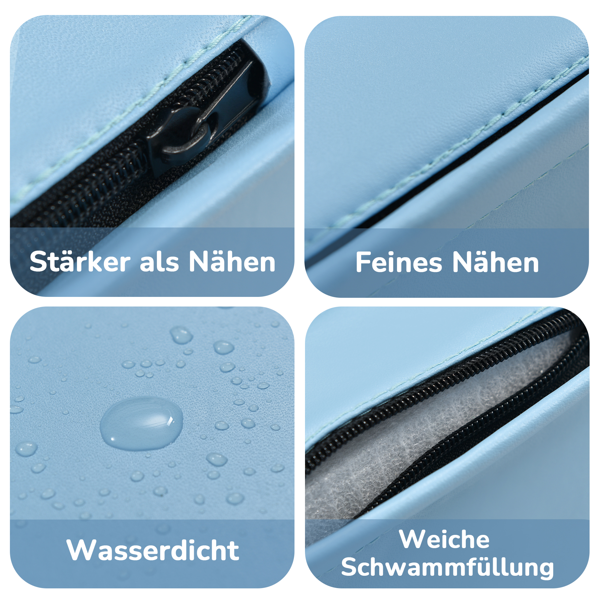 Nahaufnahmen, die wasserdichte Eigenschaften, Nähte und weiche Schaumstofffüllung zeigen.