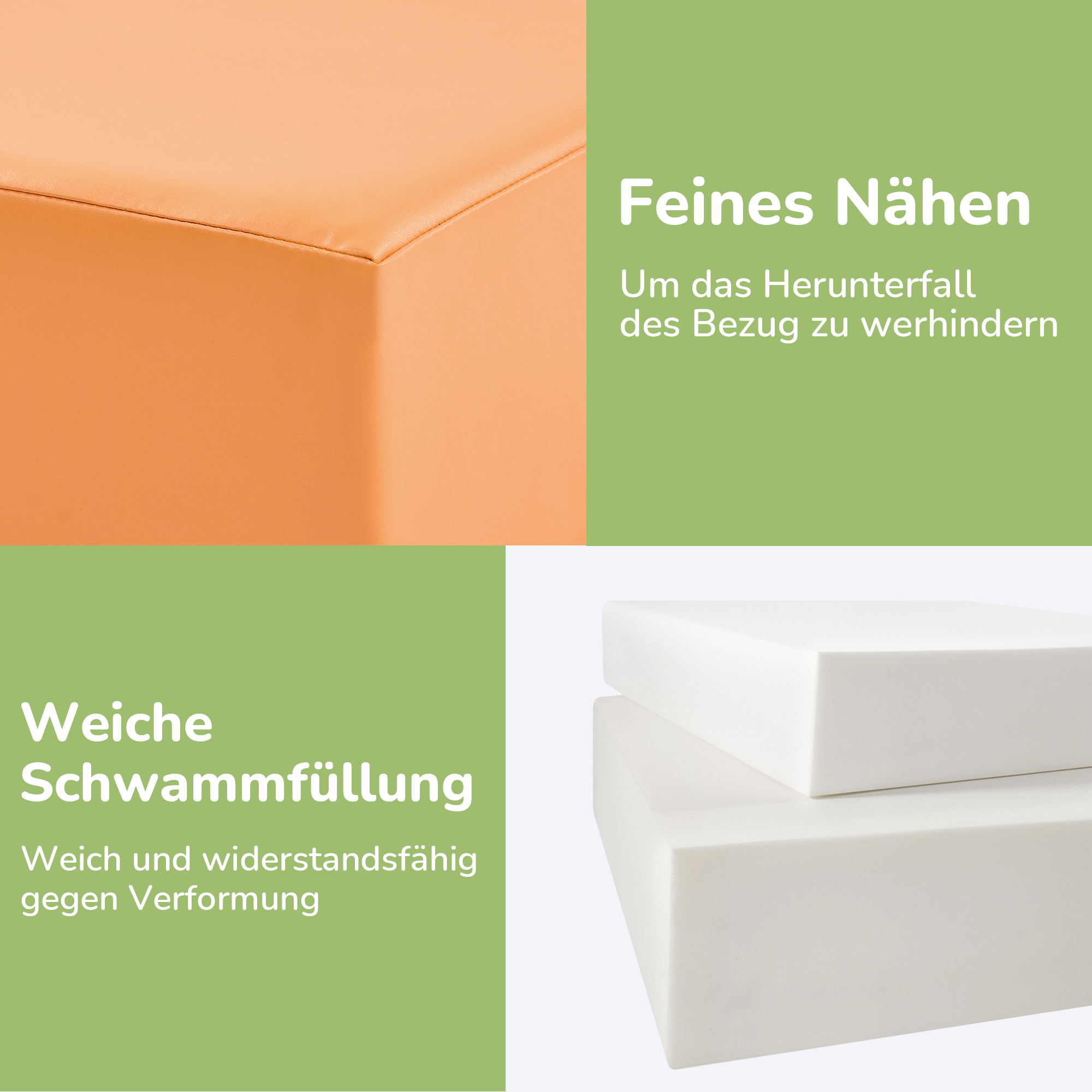 Nahaufnahme einer orangefarbenen Schaumecke, Text über feines Nähen und weiche Schaumstofffüllung.