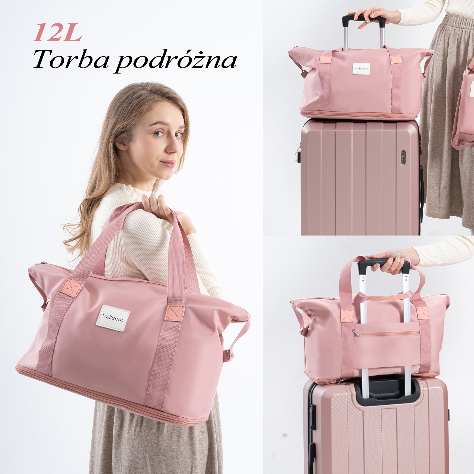Kobieta z różową torbą i walizką. Tekst: Torba podróżna 12L.