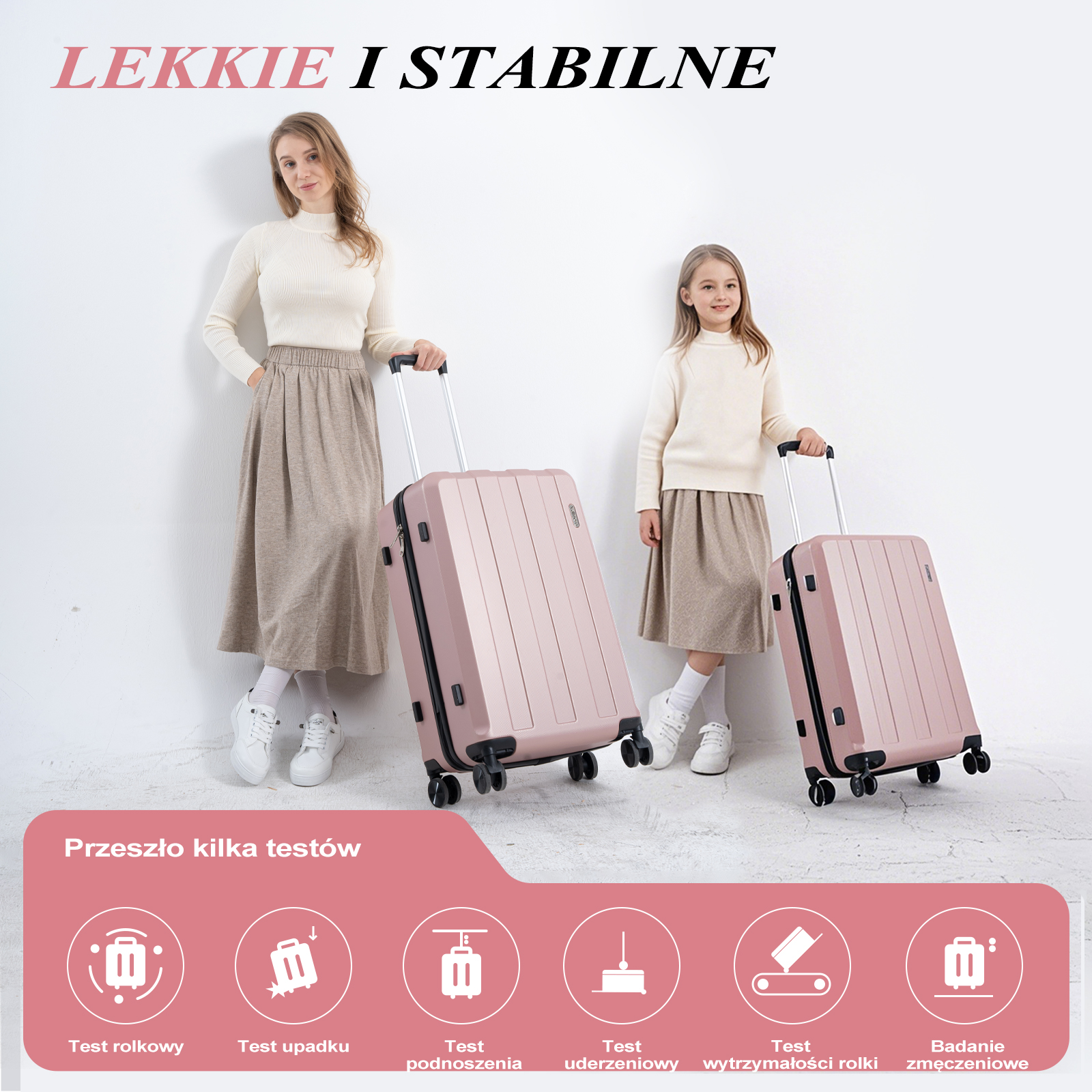 Kobieta i dziewczynka z różowymi walizkami. Tekst: Lekkie i stabilne. Ikony testów.