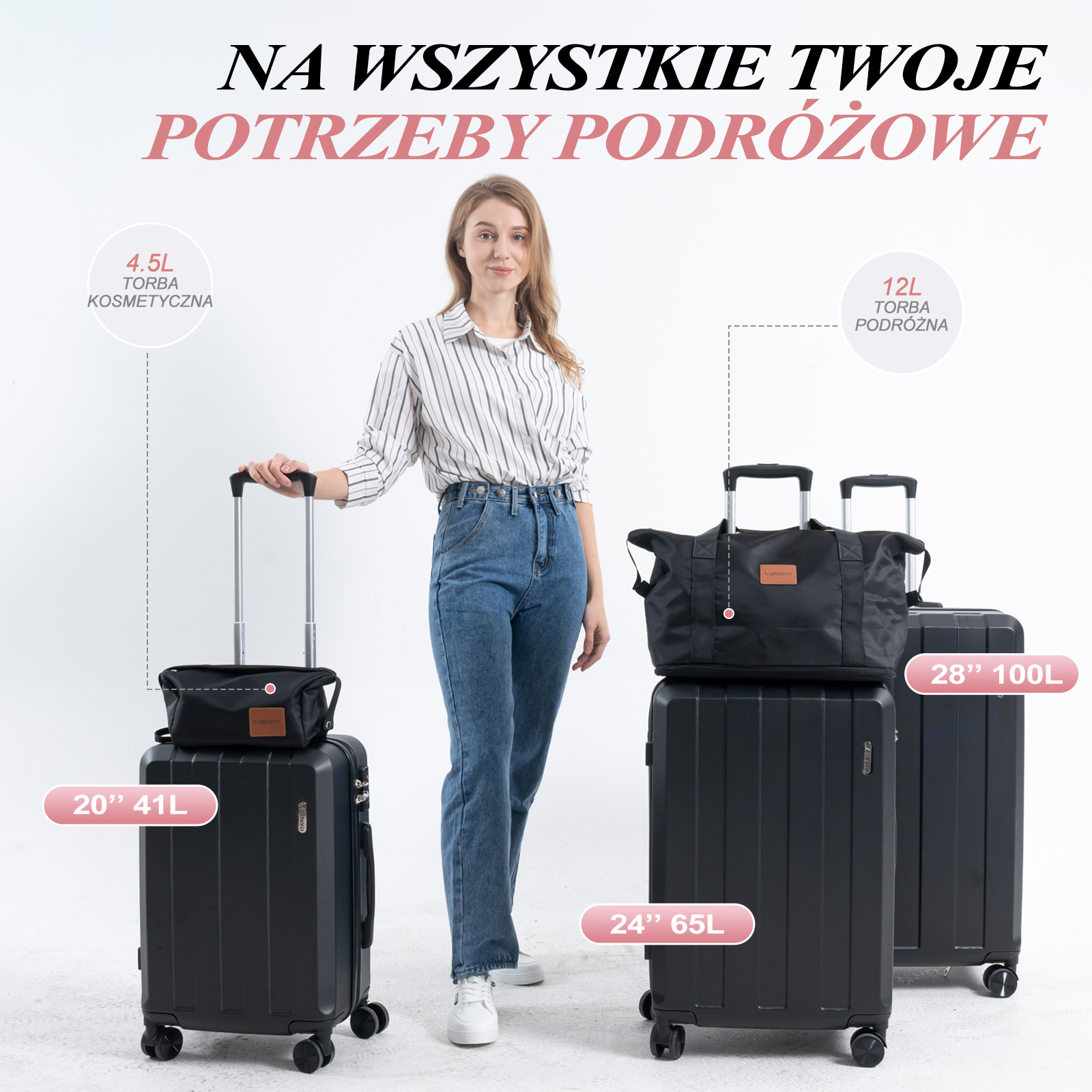 Kobieta stoi z walizką i torbą. Tekst: Na wszystkie Twoje potrzeby podróżne.