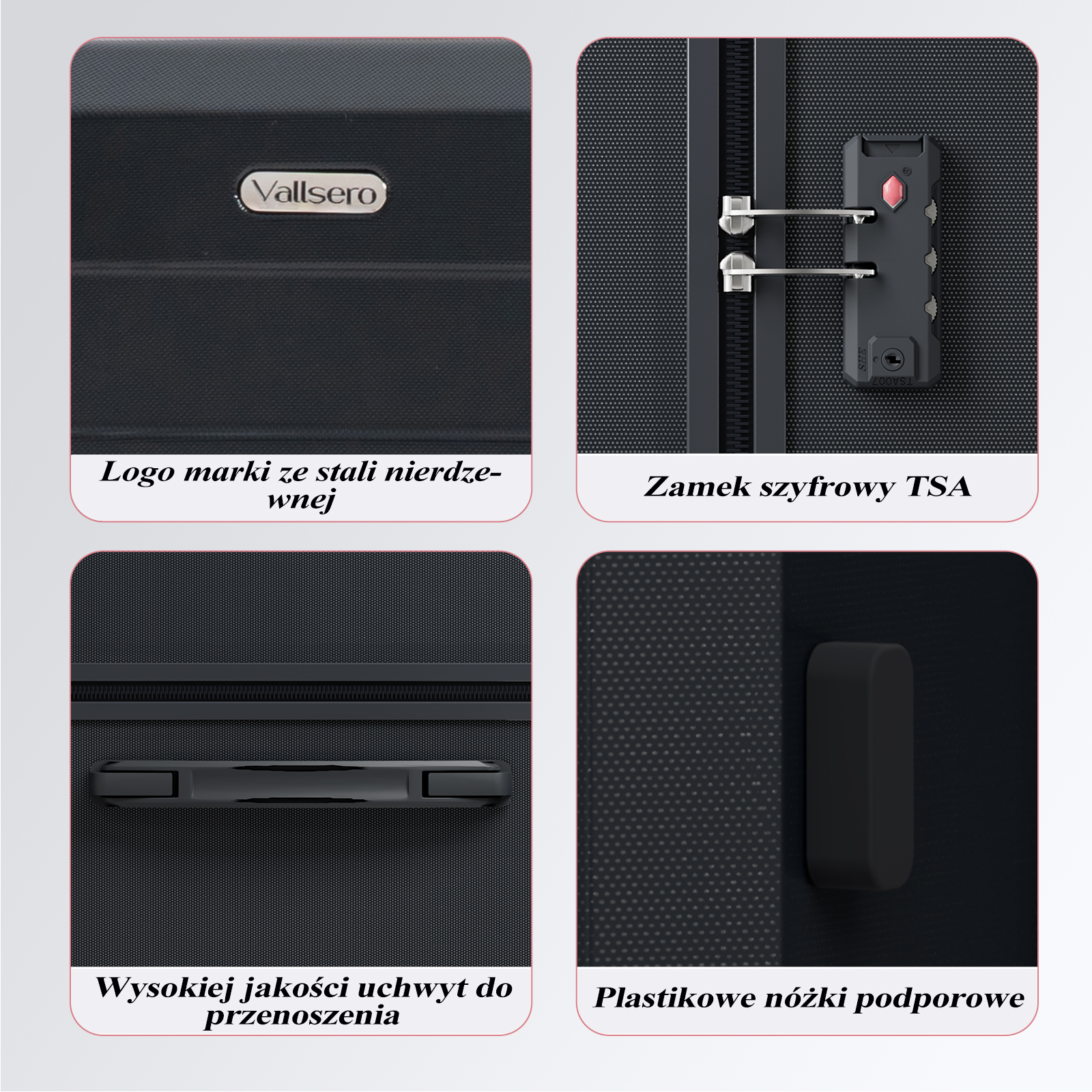 Zbliżenia czarnej walizki, pokazujące logo, zamek TSA, uchwyt i nóżki podporowe.