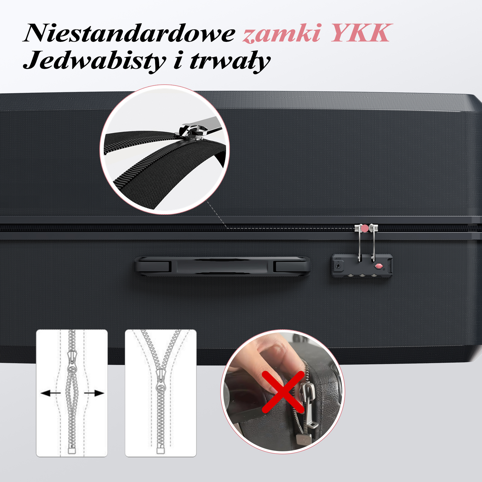 Zbliżenie czarnej walizki z zamkami YKK i zamkiem szyfrowym.