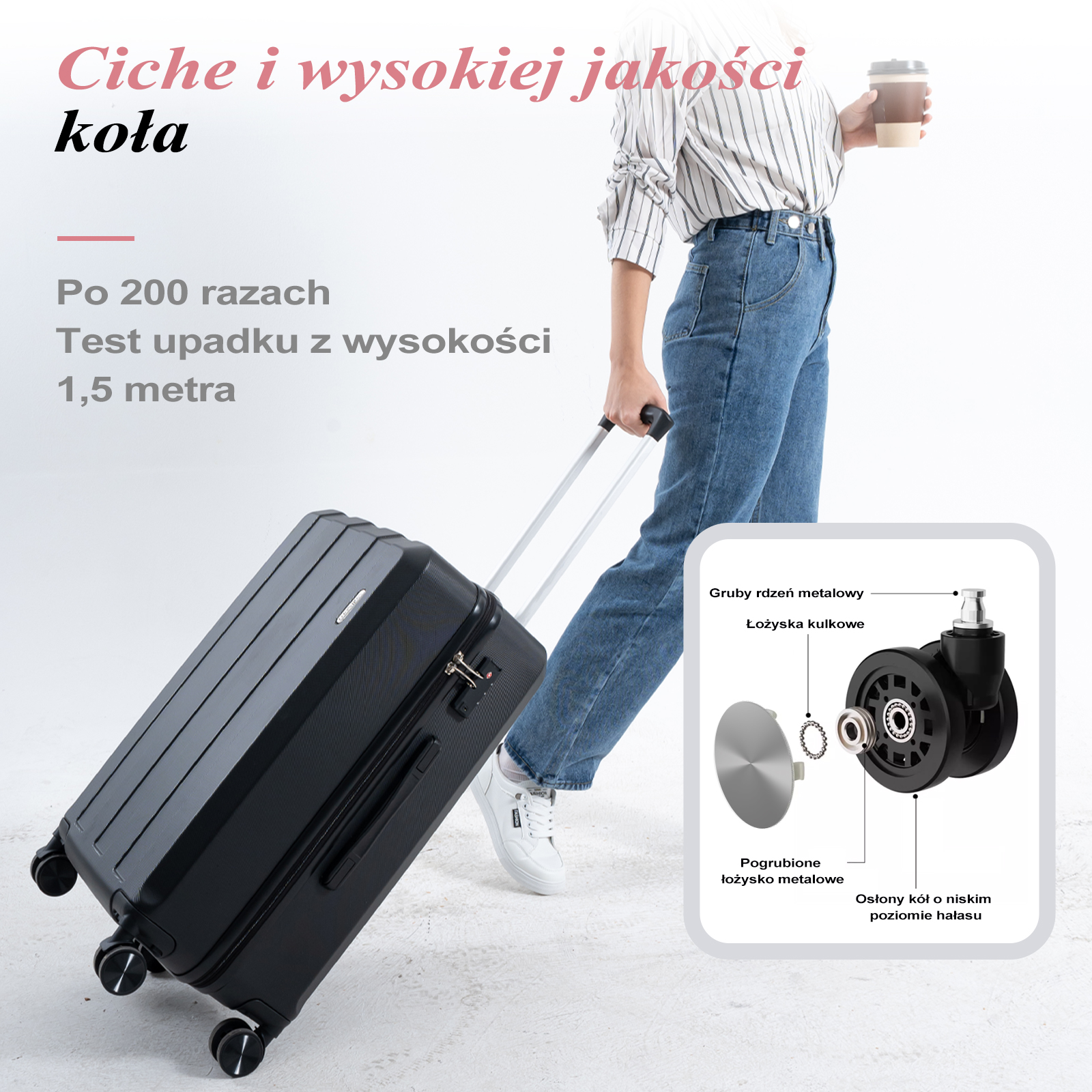 Kobieta ciągnie czarną walizkę, na zdjęciu widać szczegóły kół i uchwytu.