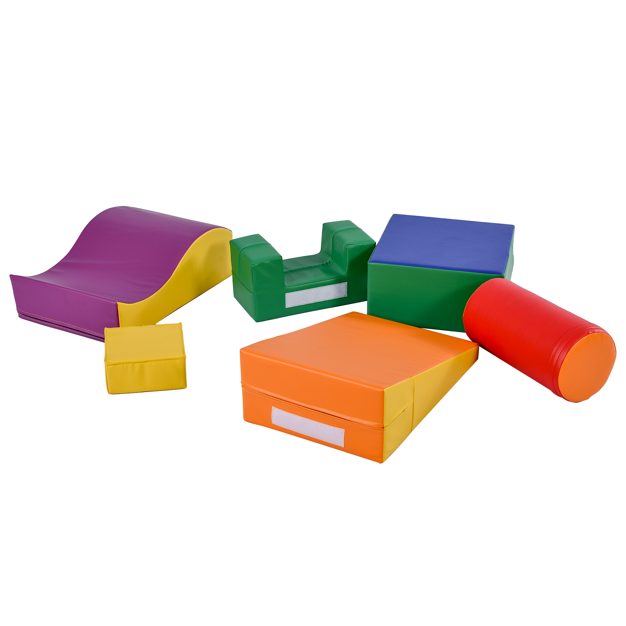 Farbenfrohes Spielset mit verschiedenen Formen: Rutsche, Stufen, Zylinder und Würfel.