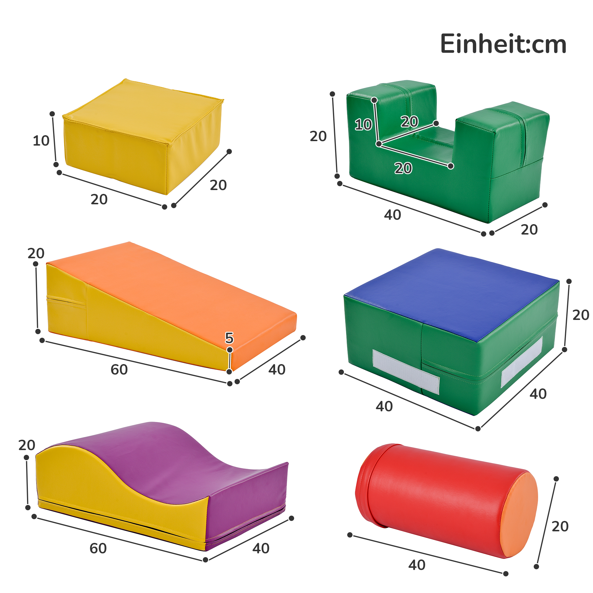 Diagramm eines Spielsets mit seinen Abmessungen. Das Set hat Blöcke, eine Rampe und einen Zylinder.