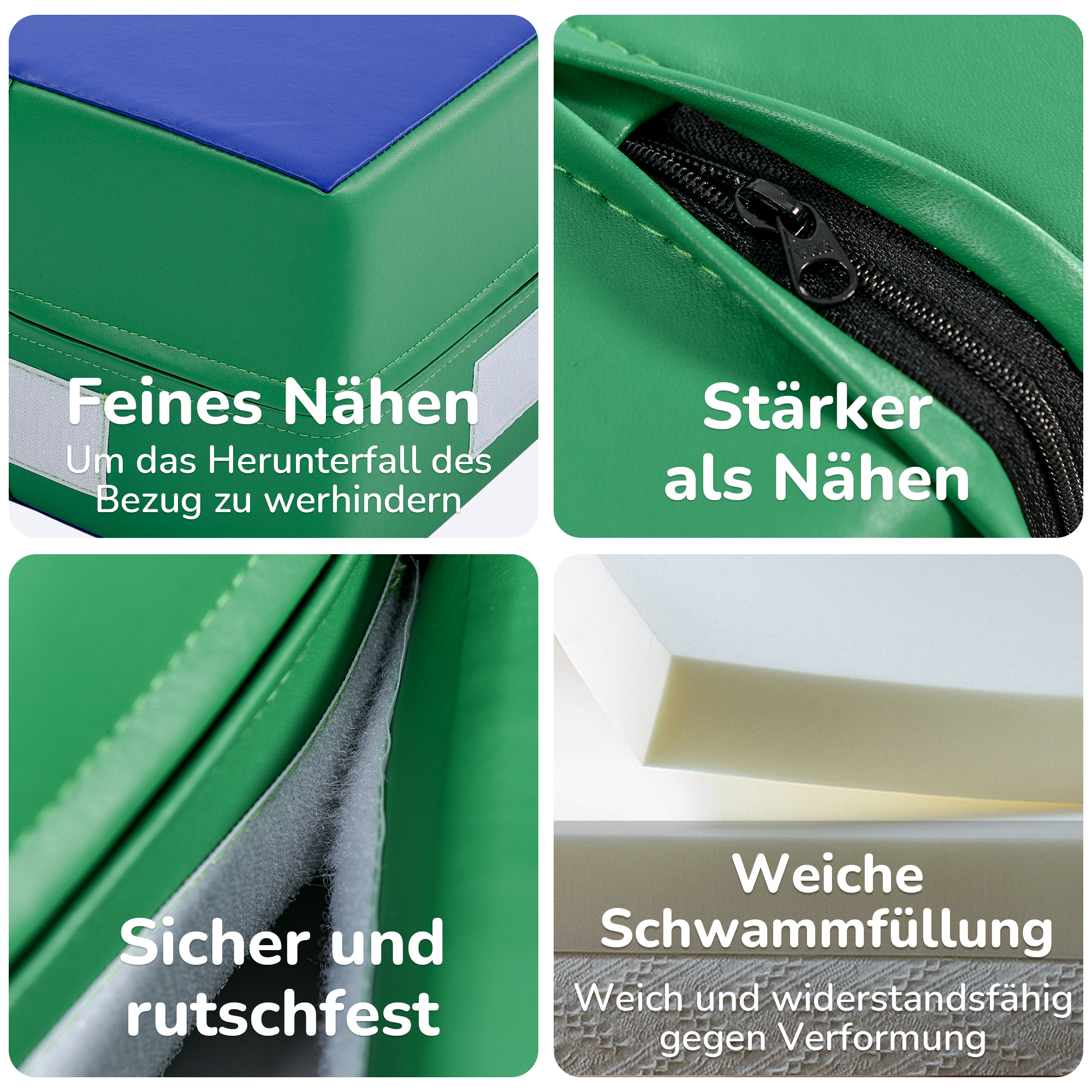 Nahaufnahme des Spielsets. Zeigt Nähte, Reißverschlüsse und das innere Schaummaterial.