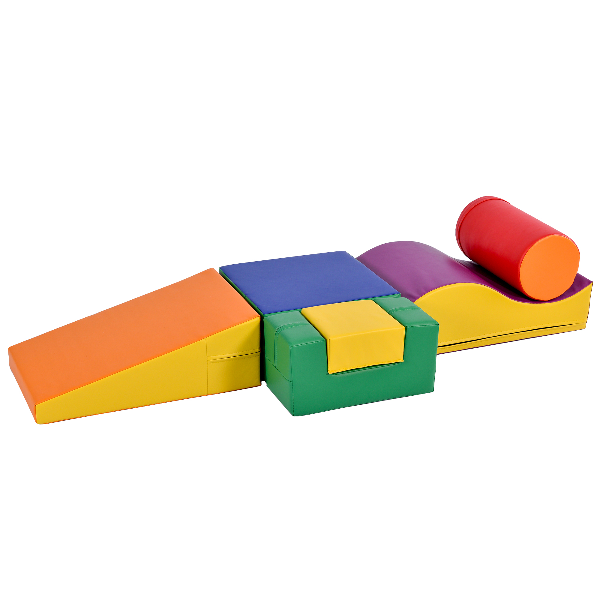Spielset auf weißem Hintergrund. Das Set hat verschiedene Blöcke und eine Rampe.