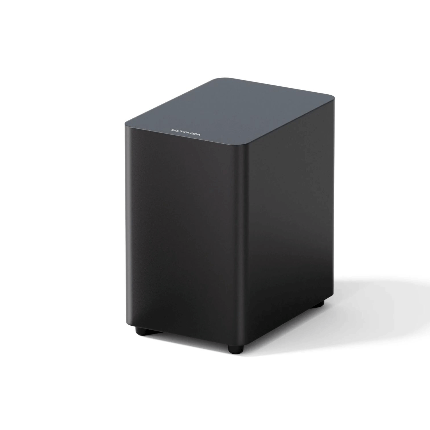 Altoparlante subwoofer nero. Un altoparlante rettangolare nero, con il nome del marchio.
