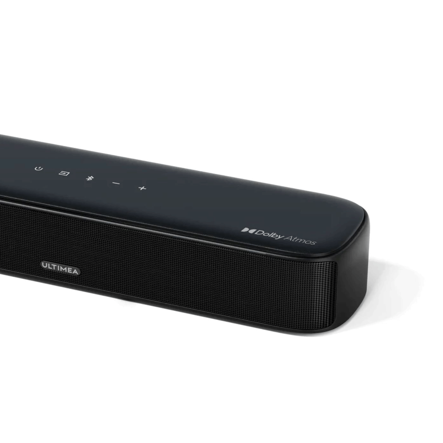 Altoparlante soundbar nero con il logo Dolby Atmos. L'altoparlante è lungo e nero.