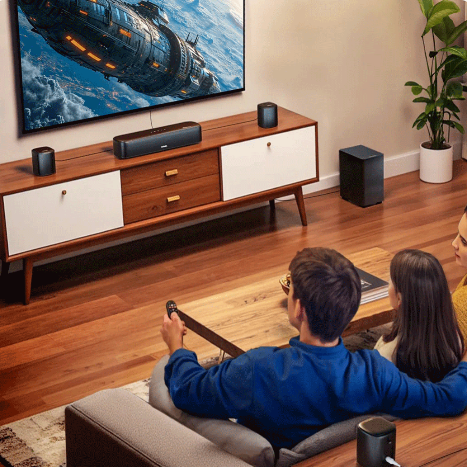 Rodzina ogląda telewizję z soundbarem, głośnikami i subwooferem, siedząc na kanapie.