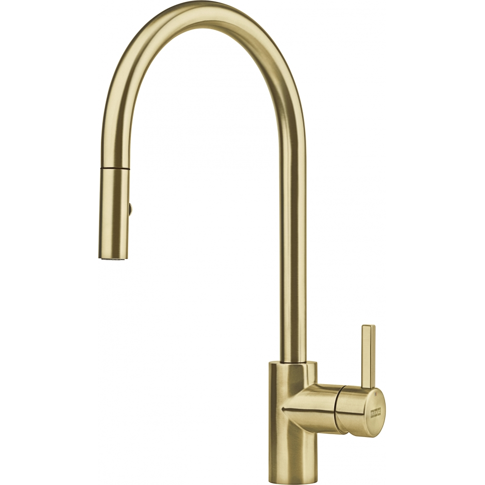 Rubinetto da cucina color oro con beccuccio arcuato e maniglia a leva, su sfondo bianco.