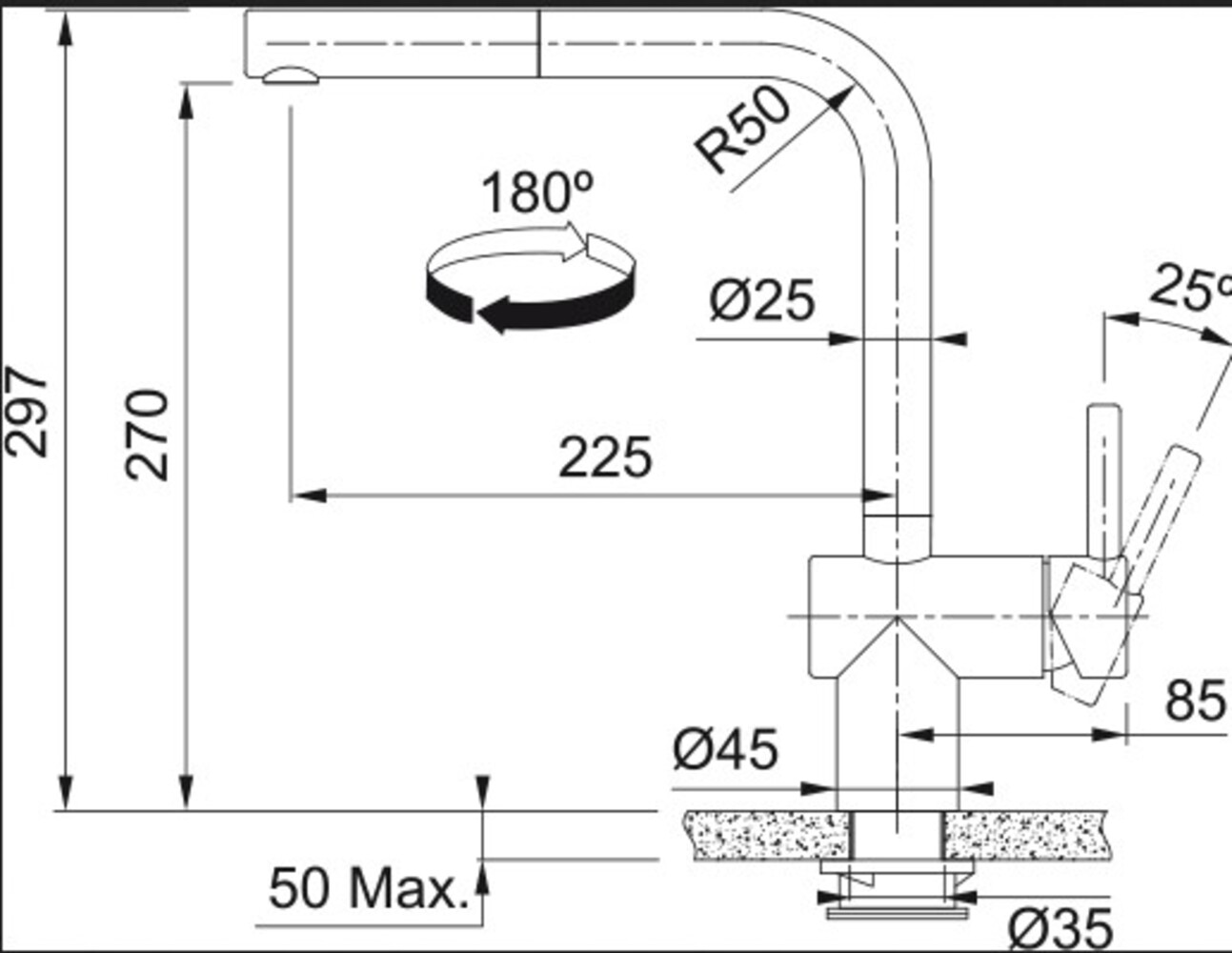 Disegno tecnico di un rubinetto da cucina con misure e angoli, inclusa una freccia di rotazione a 180 gradi.