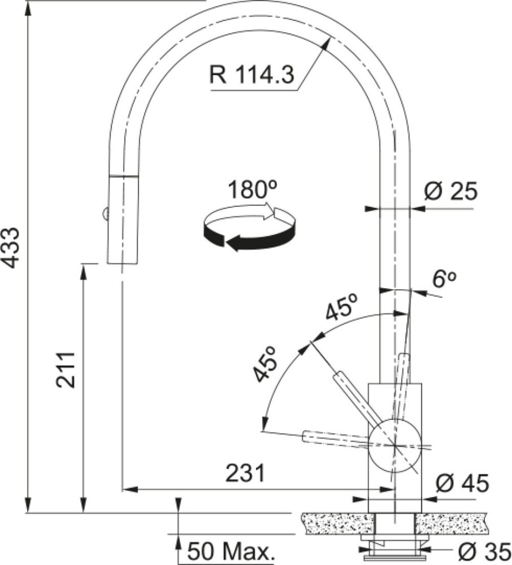 Disegno tecnico di un rubinetto da cucina con dimensioni, angoli e una freccia di rotazione a 180 gradi.