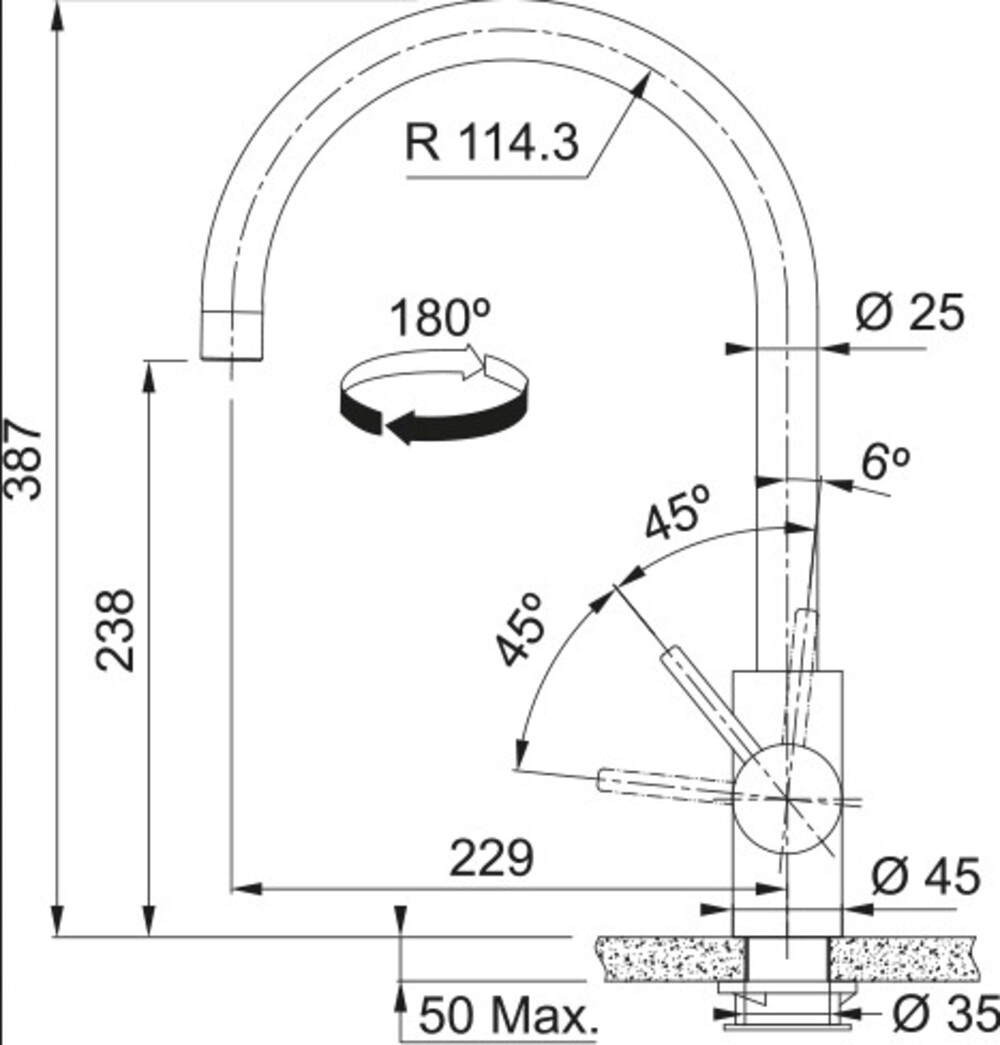 Disegno tecnico di un rubinetto da cucina con dimensioni, angoli e misure.