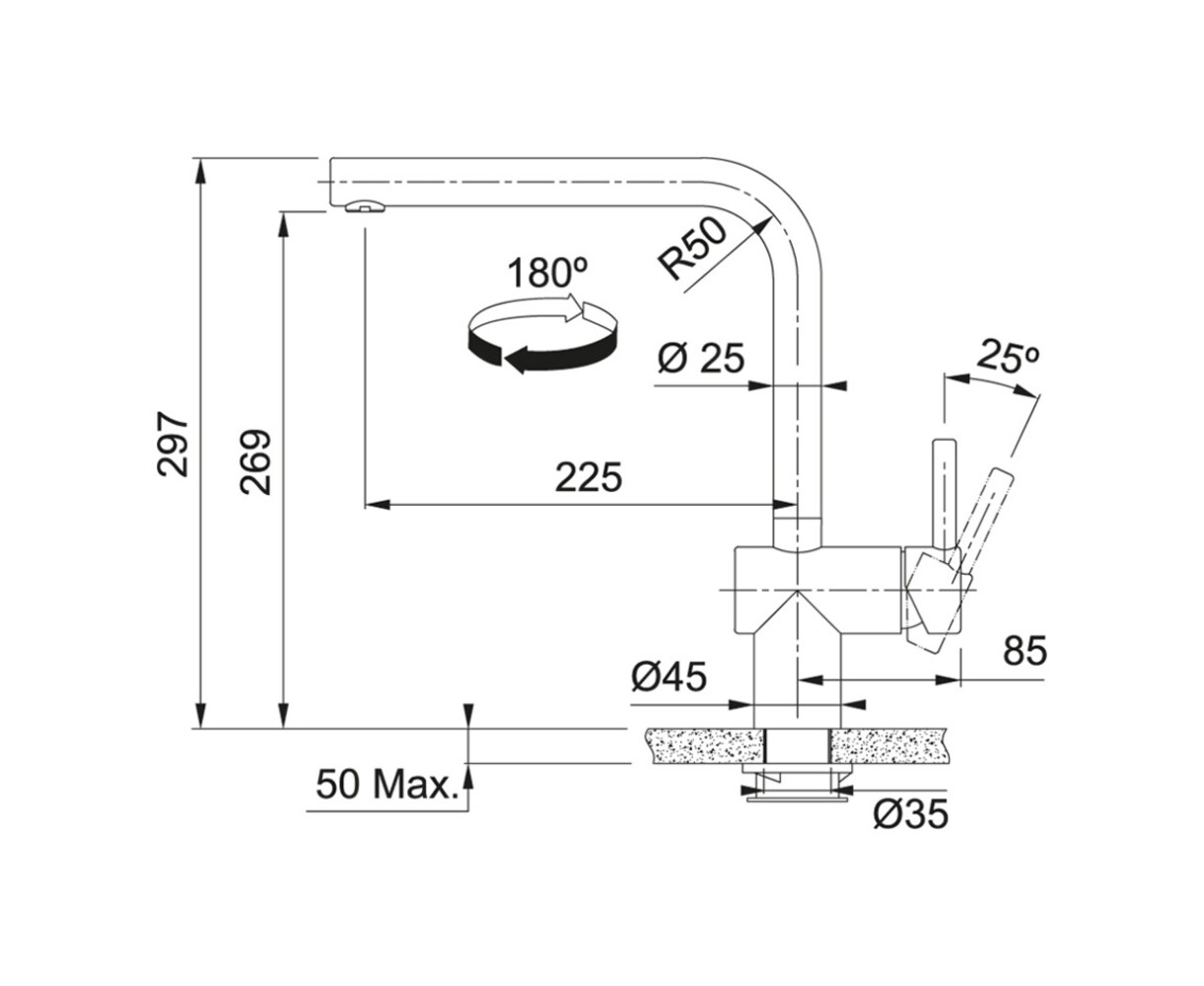 Disegno tecnico di un rubinetto da cucina con dimensioni, angoli e una freccia di rotazione a 180 gradi.