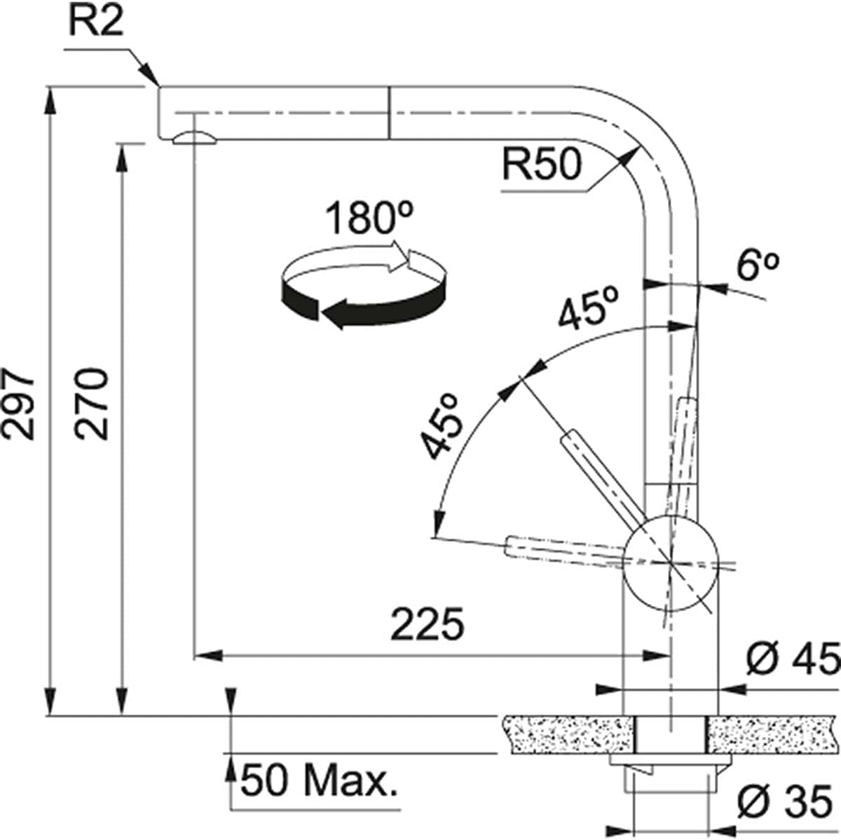 Disegno tecnico di un rubinetto da cucina con dimensioni, angoli e misure.