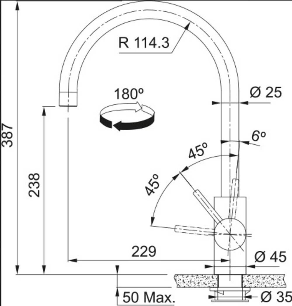Disegno tecnico di un rubinetto da cucina con dimensioni, angoli e una freccia di rotazione a 180 gradi.