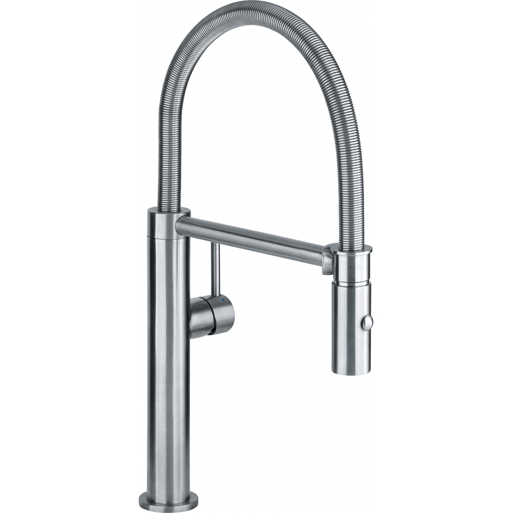 Un rubinetto da cucina con tubo flessibile a spirale e beccuccio curvo.