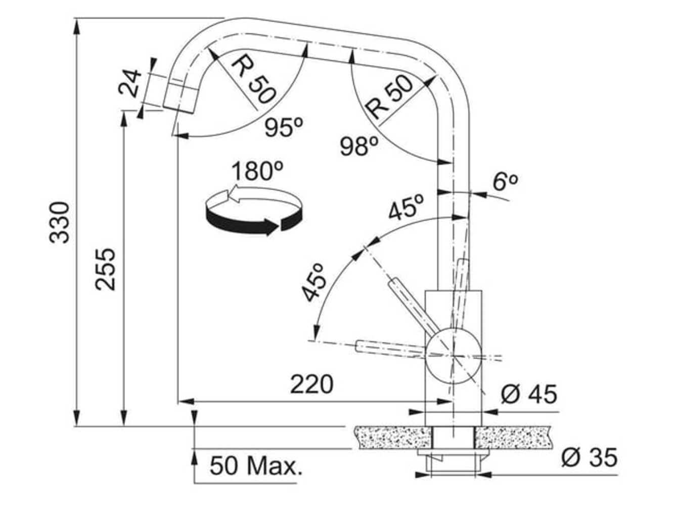 Disegno tecnico di un rubinetto da cucina con dimensioni, angoli e una freccia rotante.