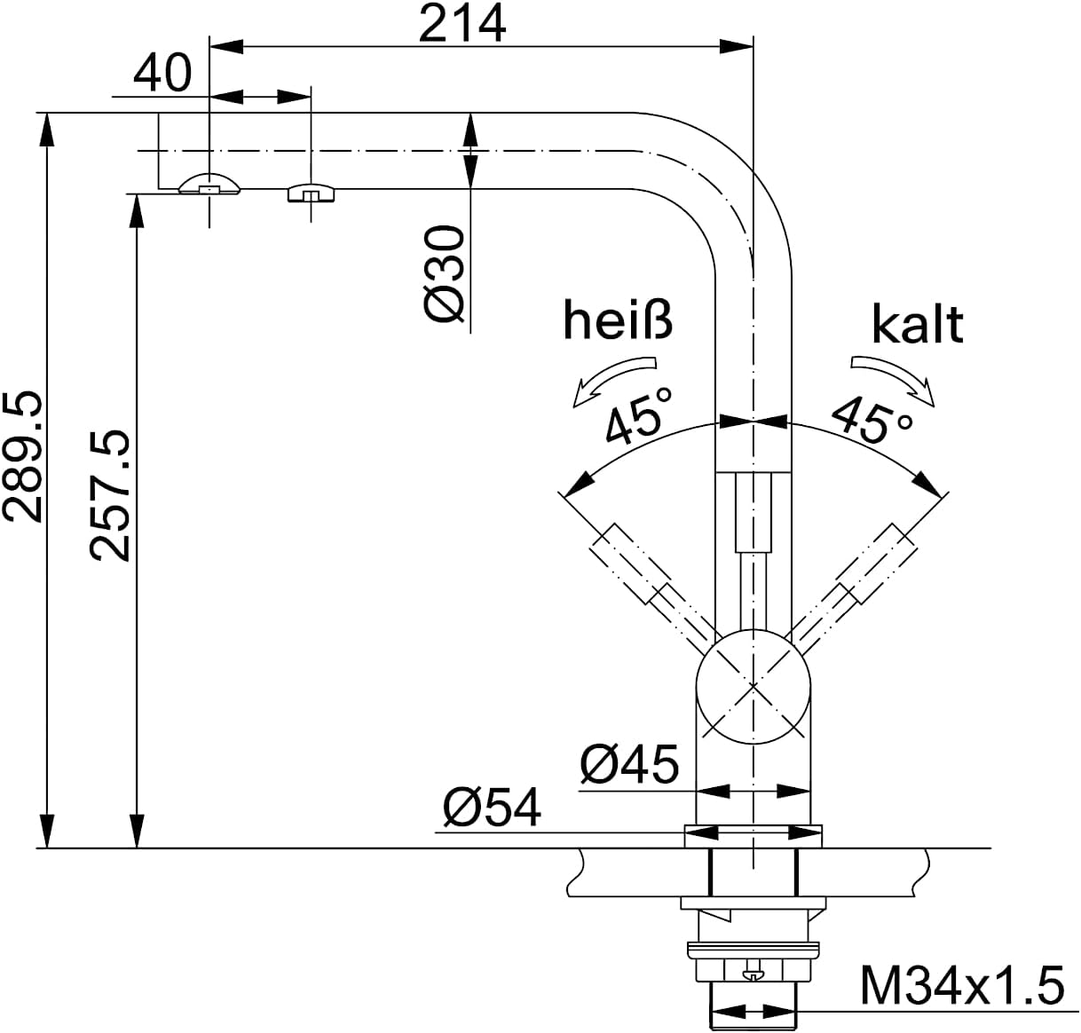Disegno tecnico di un rubinetto da cucina con dimensioni, angoli ed etichette in tedesco.