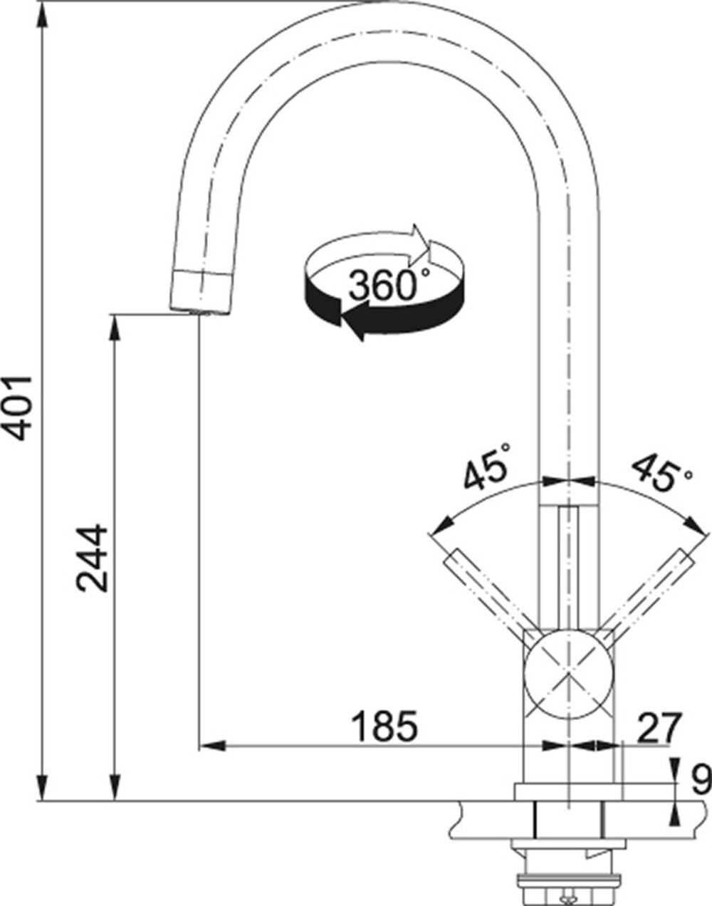 Disegno tecnico di un rubinetto da cucina con dimensioni, angoli e un simbolo rotante.