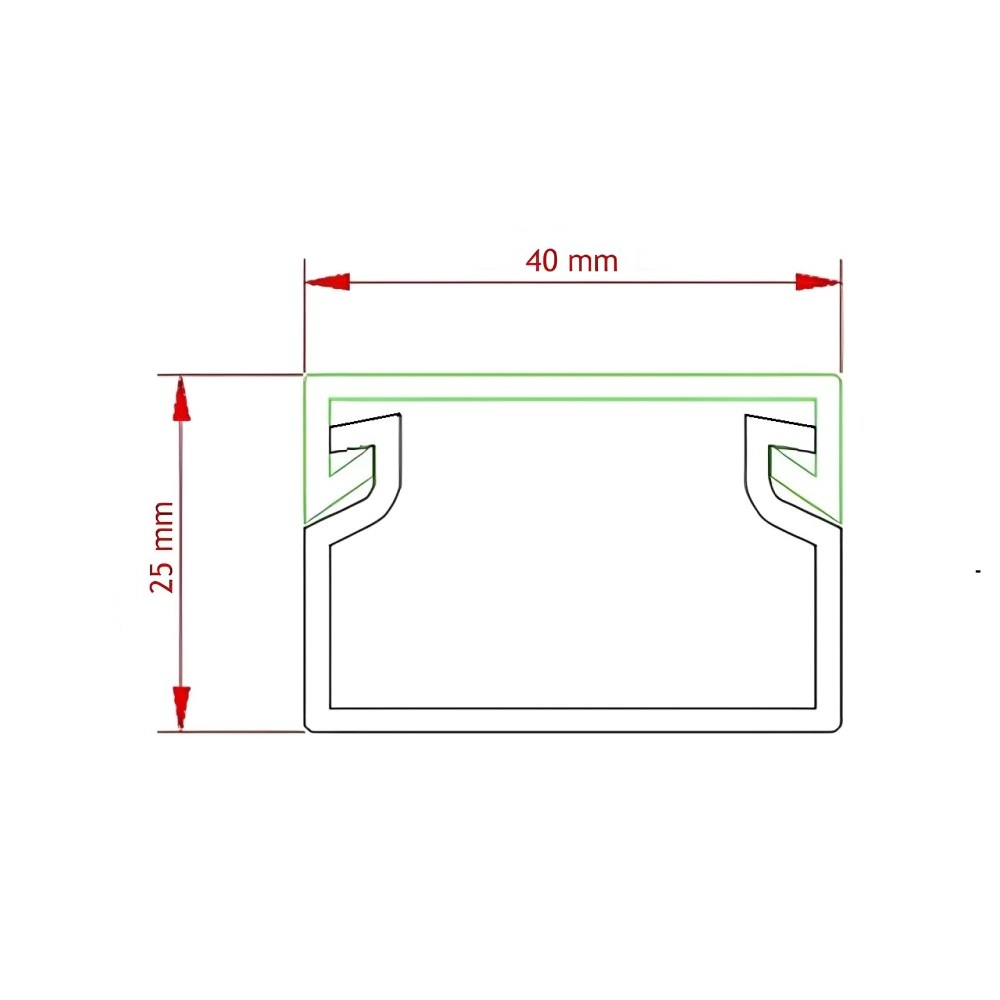 Ein Diagramm mit den Abmessungen eines Kabelkanals. Die Abmessungen betragen 40 mm x 25 mm. Der Kanal ist grün umrandet.