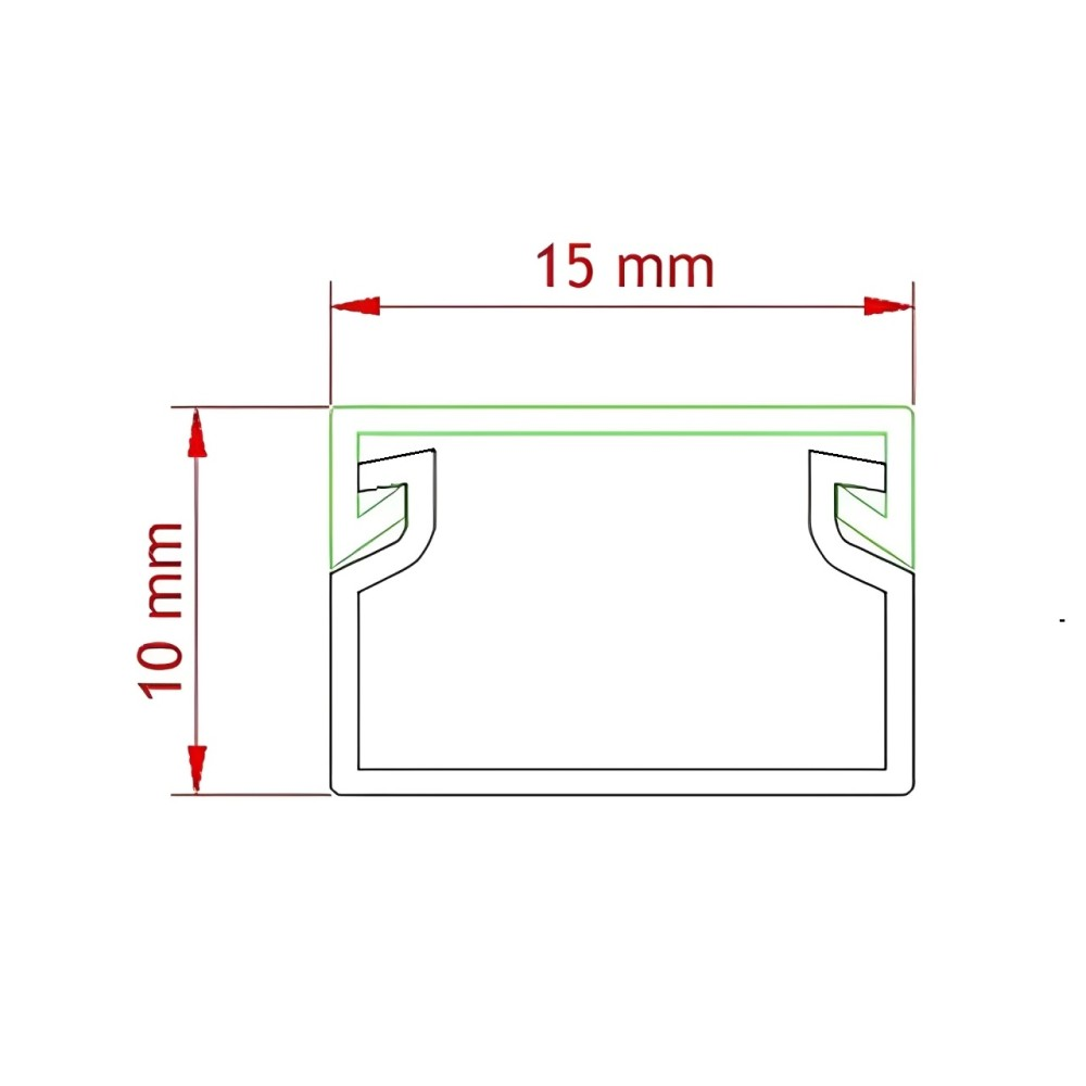Ein Diagramm mit den Abmessungen eines Kabelkanals. Die Abmessungen sind 15 mm x 10 mm. Der Kanal ist grün umrandet.