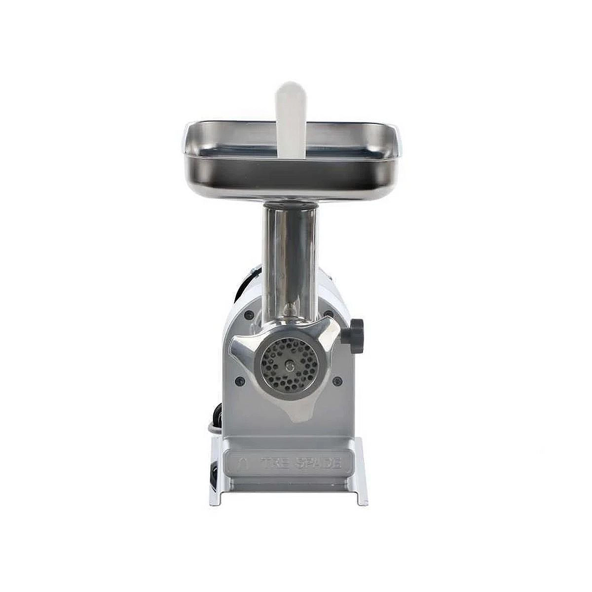 Tritacarne in metallo con pistone bianco e vassoio in acciaio inox su sfondo bianco. Il marchio è The Spade.