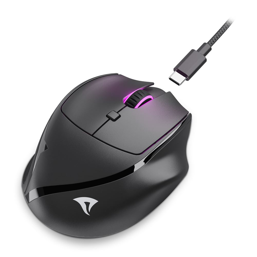 Eine schwarze ergonomische Maus mit USB-C-Kabel, beleuchtetem Scrollrad und Tasten auf weißem Hintergrund. Logo.