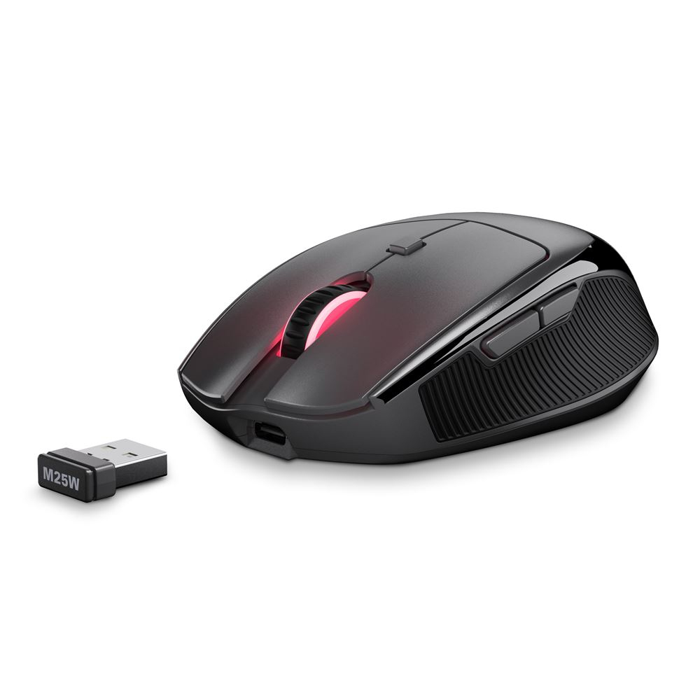 Schwarze und graue kabellose Maus. Schwarzer Körper mit rotem Licht. USB-Empfänger enthalten.