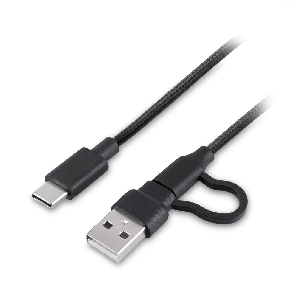Schwarzes und graues USB-Kabel. Es hat einen USB-C-Anschluss und einen Standard-USB-Anschluss.