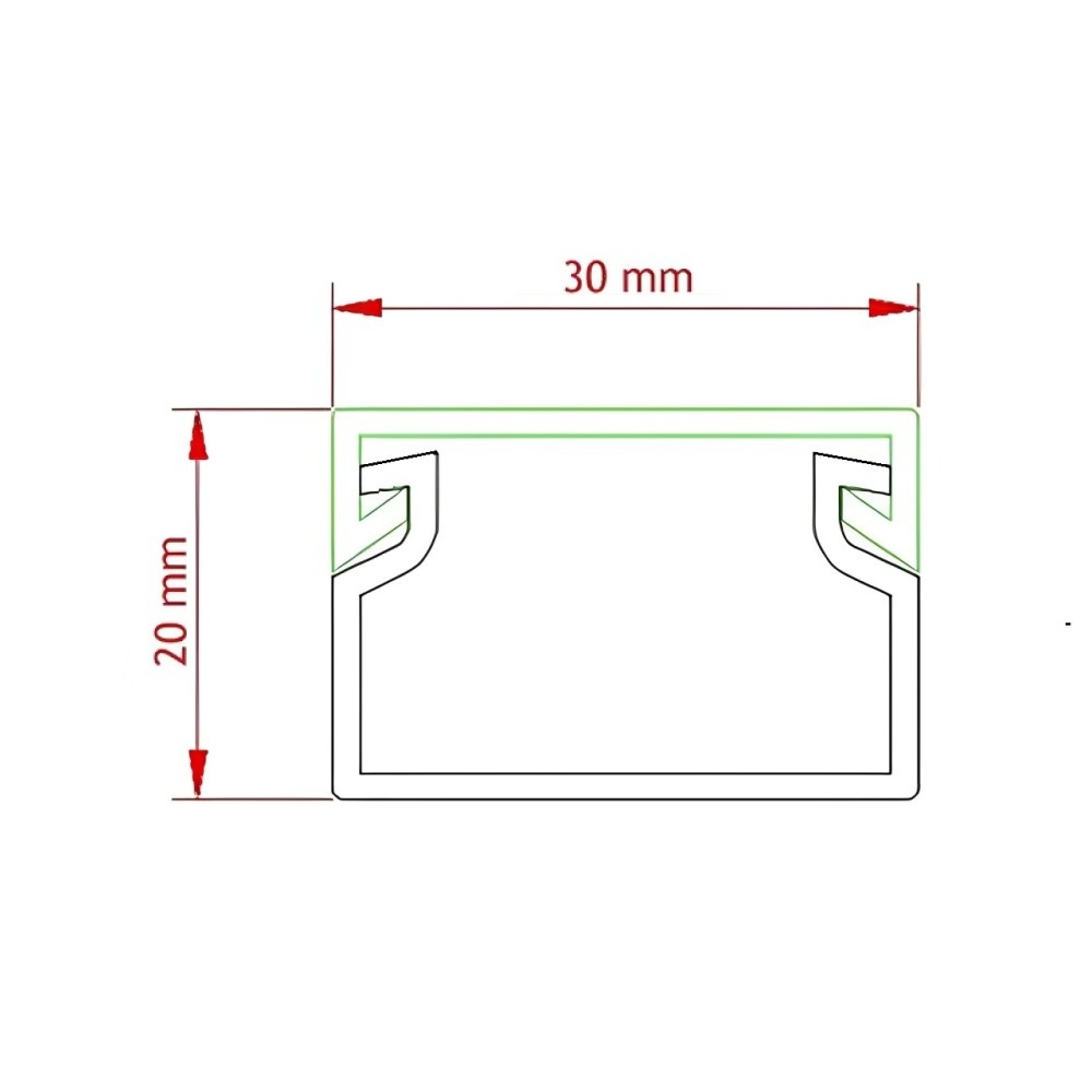 Eine technische Zeichnung eines Kabelkanalschnitts mit Abmessungen: 30 mm breit, 20 mm hoch.