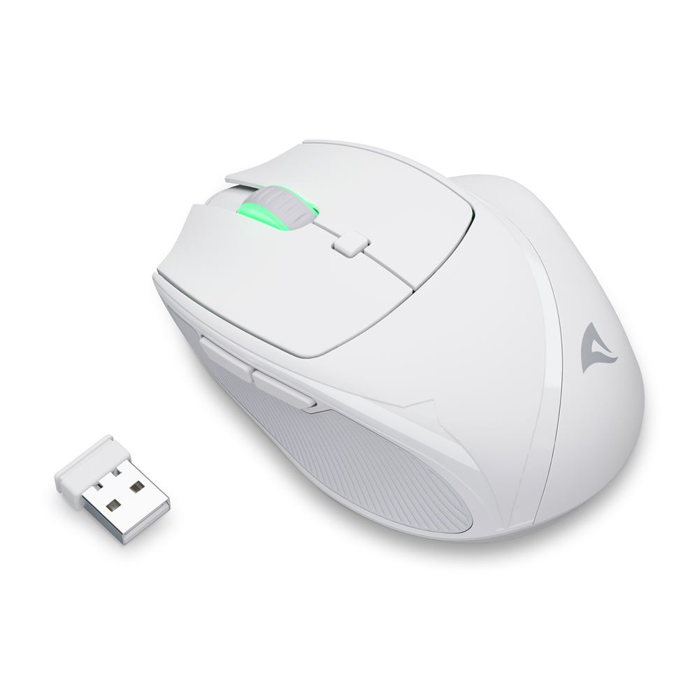 Weiße Maus mit USB-Empfänger. Scrollrad hat grünes Leuchten. 'A'-Logo sichtbar.