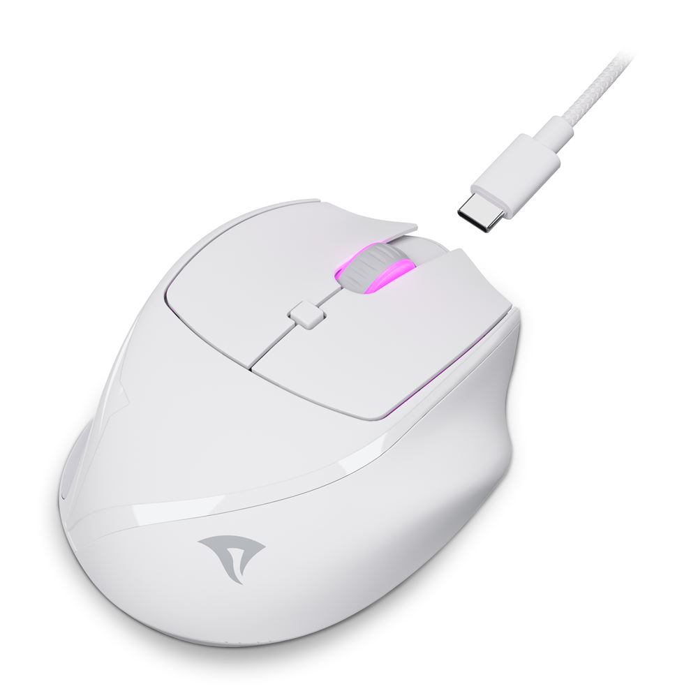 Weiße Maus mit rosa Glimmen am Scrollrad. USB-C-Kabel angeschlossen.