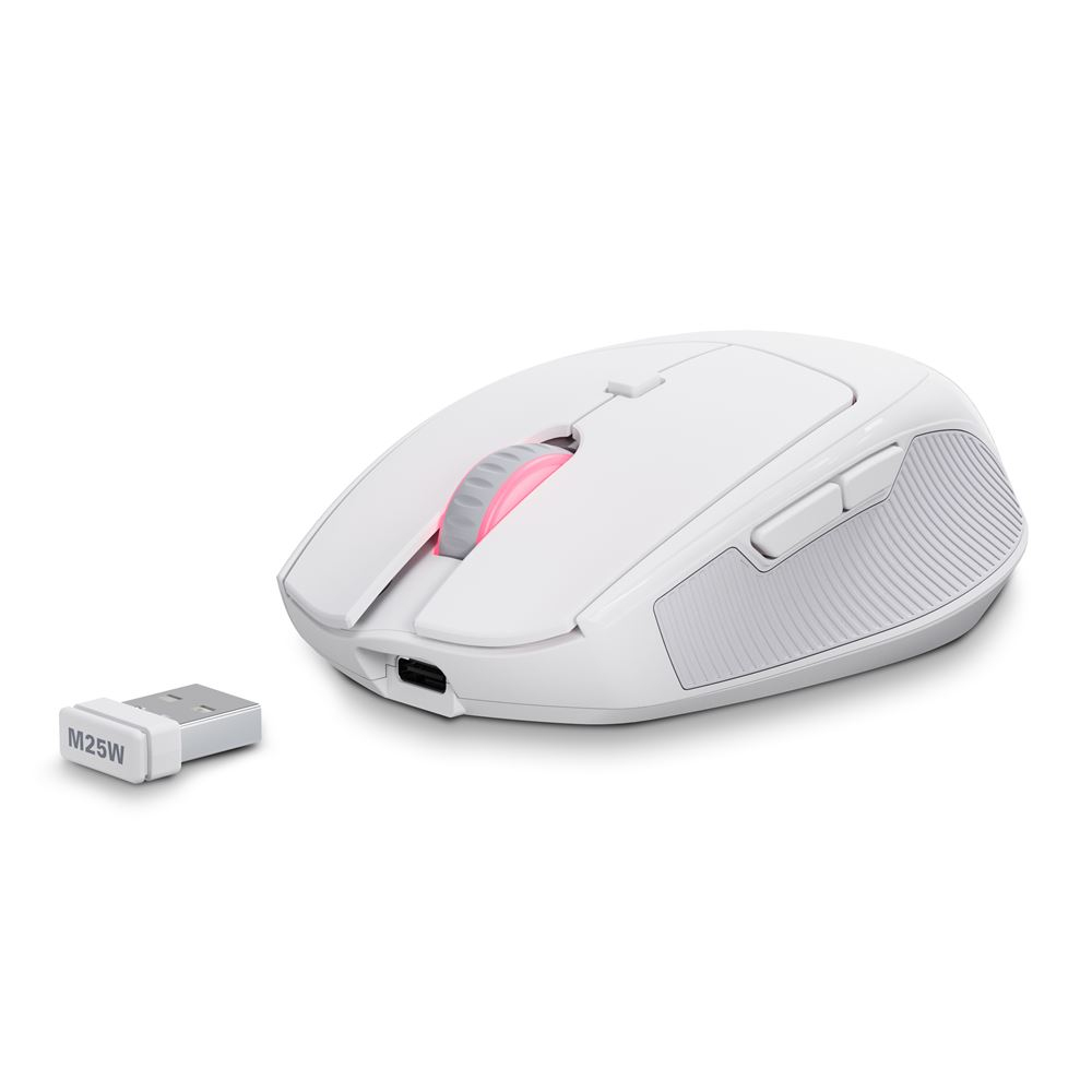 Weiße Maus mit USB-Empfänger. Scrollrad hat rosa Leuchten. 'A'-Logo ist sichtbar.