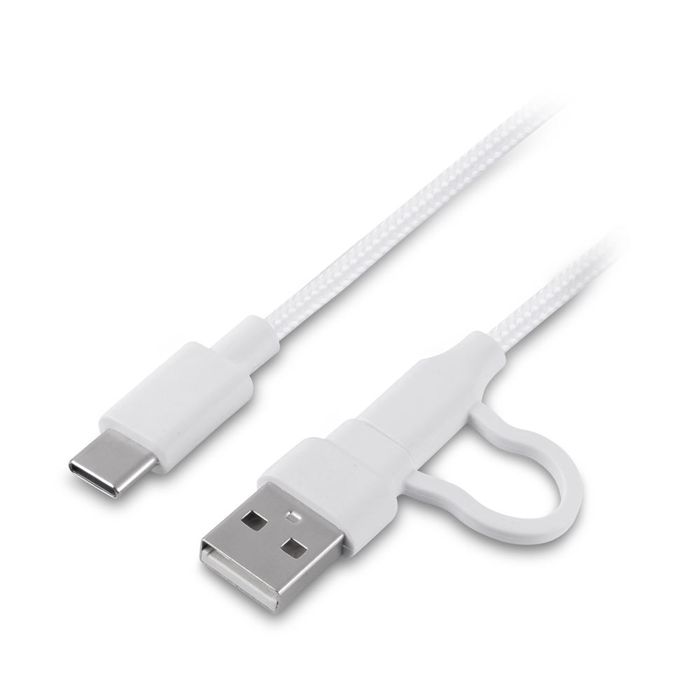 Weißes USB-C- auf USB-A-Kabel. Die USB-C- und USB-A-Anschlüsse sind sichtbar.