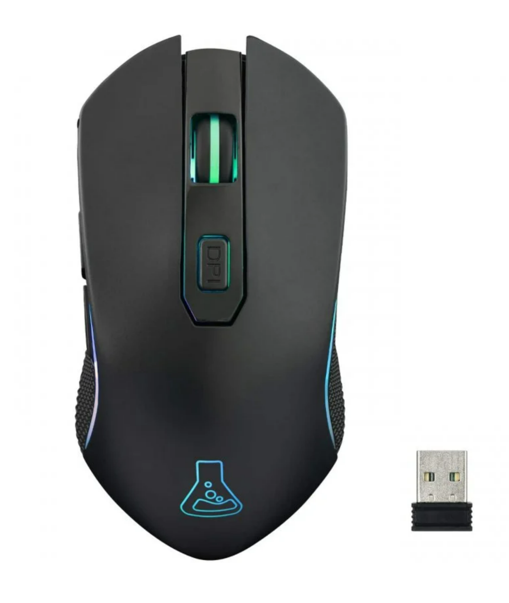 Ratón gaming negro con luces RGB, botón DPI y dongle USB.