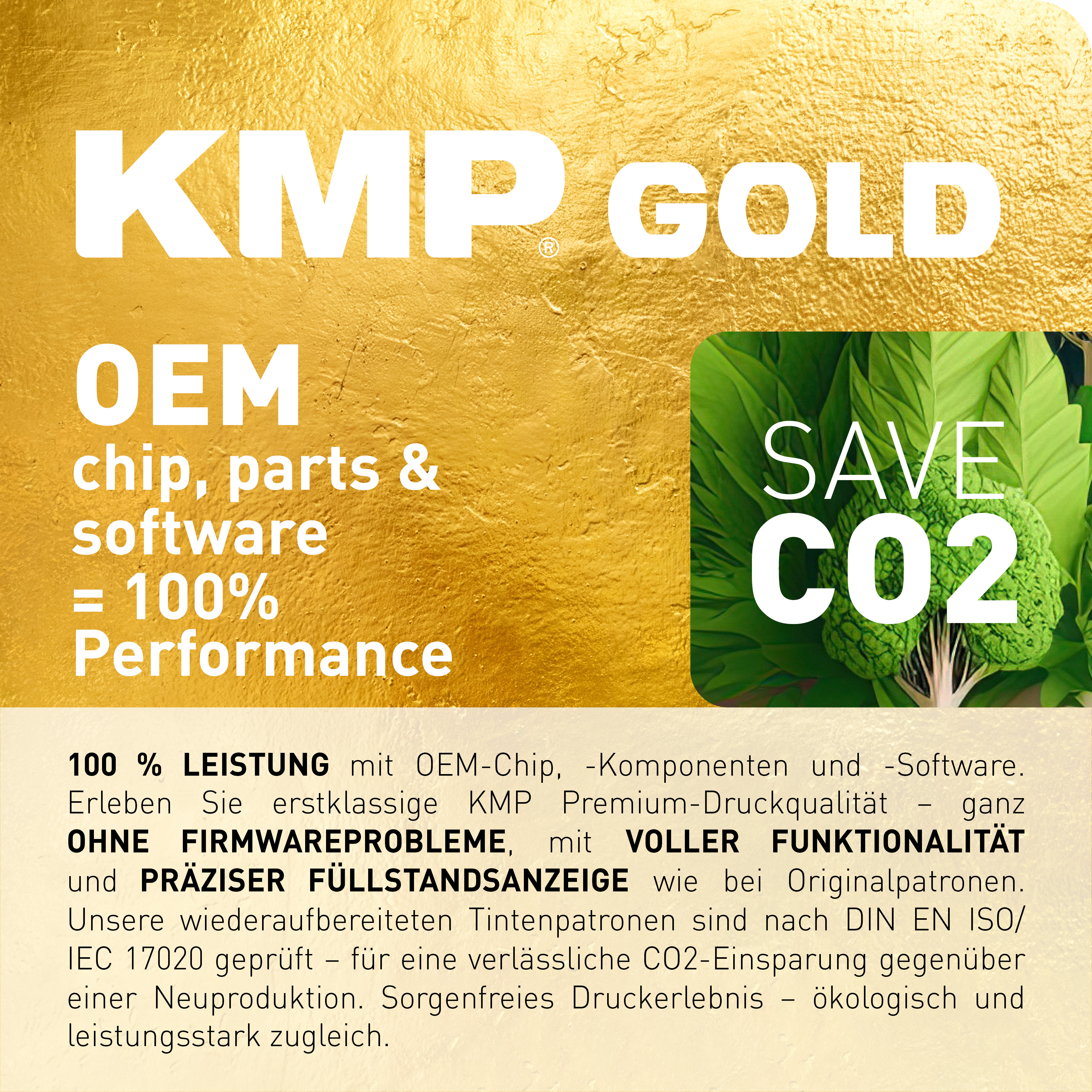 Sfondo color oro con testo KMP GOLD. Il testo dice prestazioni del chip OEM, risparmiando CO2. È presente una grafica a foglia verde.