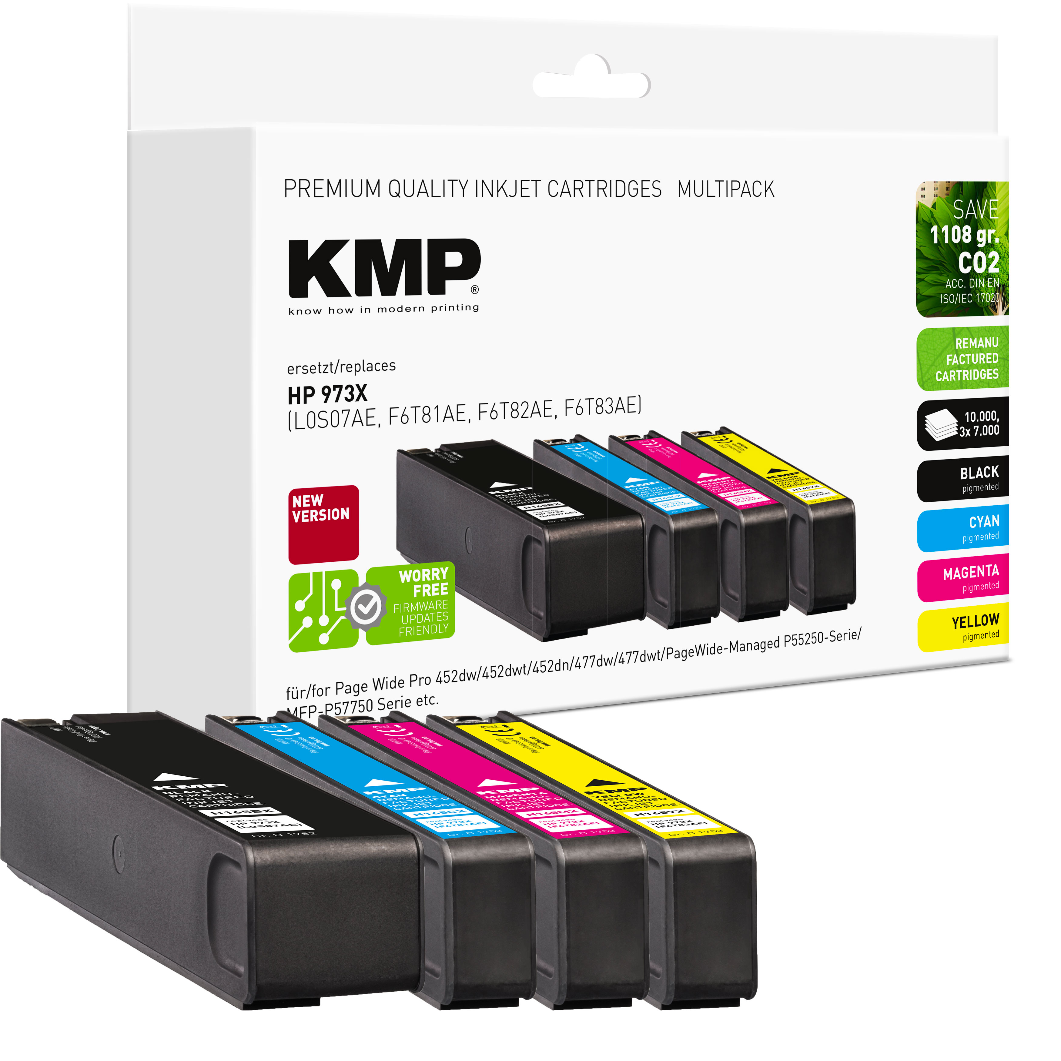 Multipack di cartucce d'inchiostro KMP. La scatola è bianca con cartucce e testo. Le cartucce sono nere, ciano, magenta e gialle.