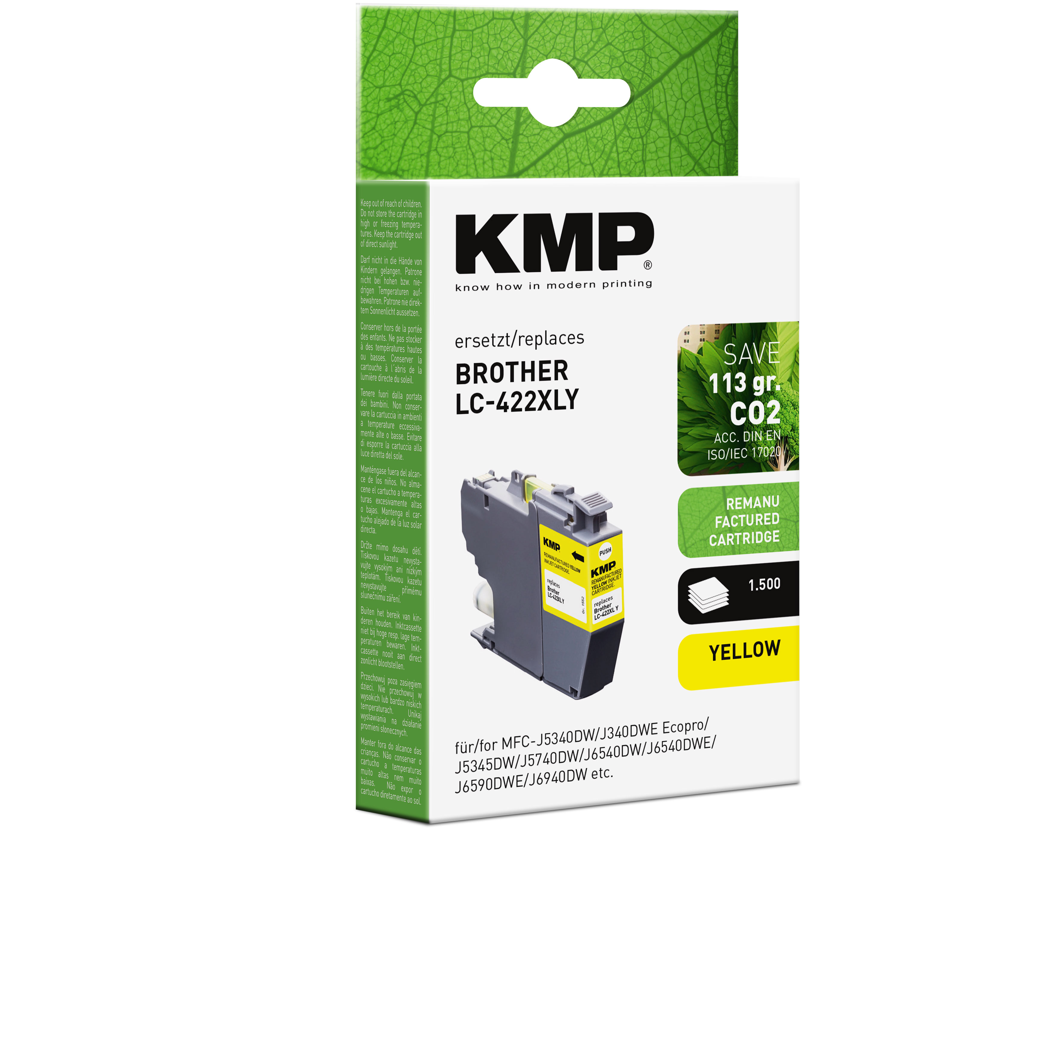 Scatola di cartuccia d'inchiostro KMP per Brother LC-422XLY, giallo. La cartuccia è davanti.