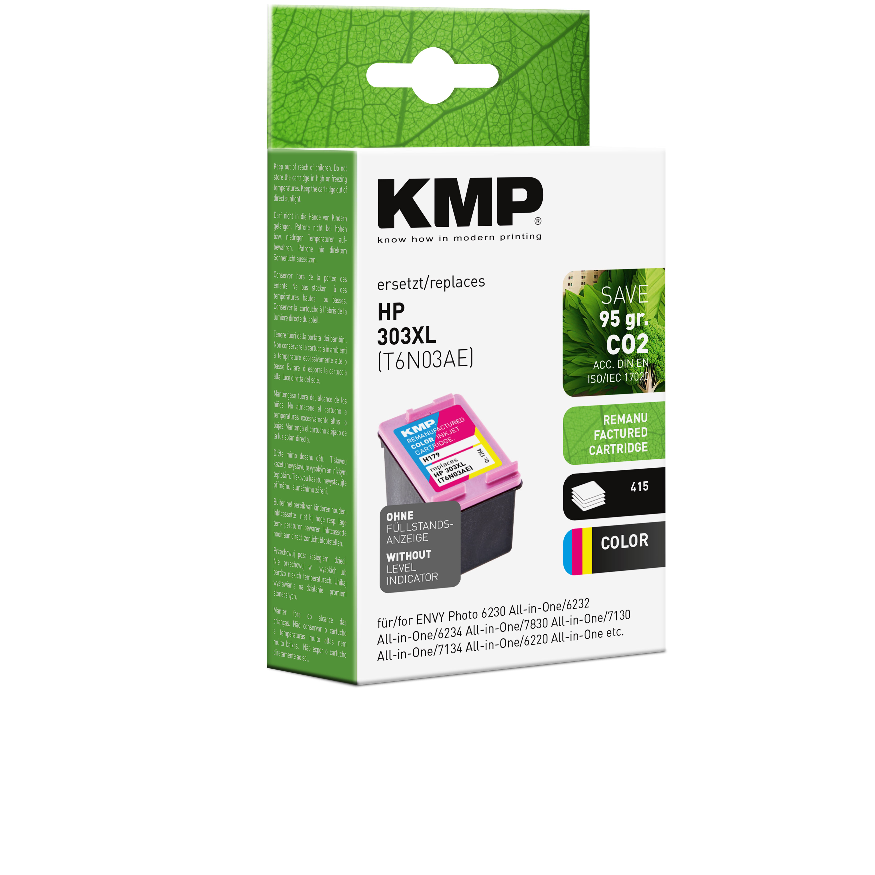 Pudełko z wkładem atramentowym KMP HP 303XL z różowym i żółtym. Białe tło.